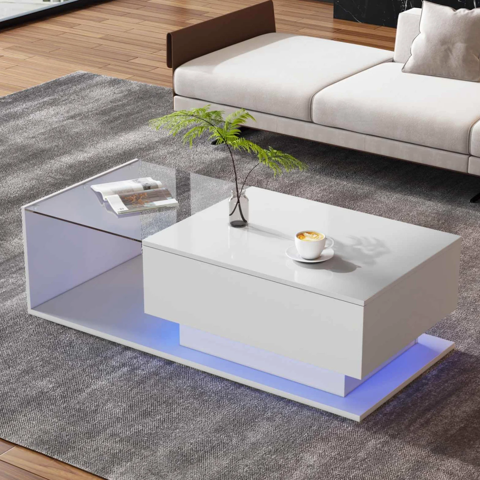 KOMHTOM Tavolino salotto bianco con piano in vetro Tavolino basso da salotto, tavolino da caffè a LED con cassetto Tavolino moderno Mobili da soggiorno (bianco)