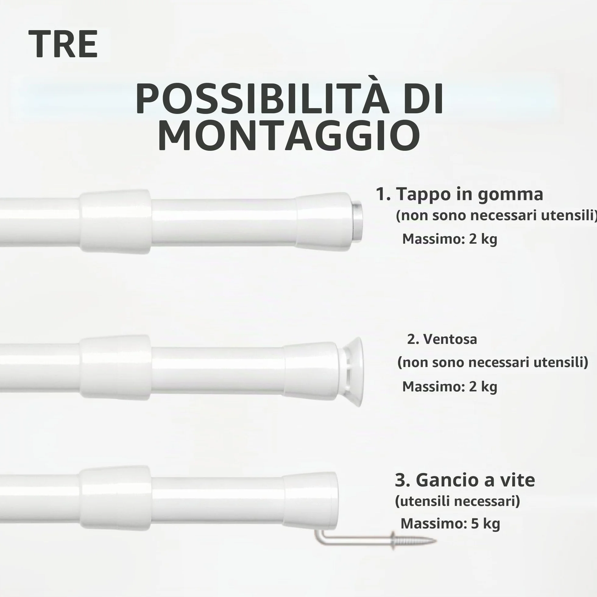 Bacchette per Tende Senza Forare 2 Pezzi Fissaggio a Pressione Diametro 7.6/10mm Bianco 30-45 cm