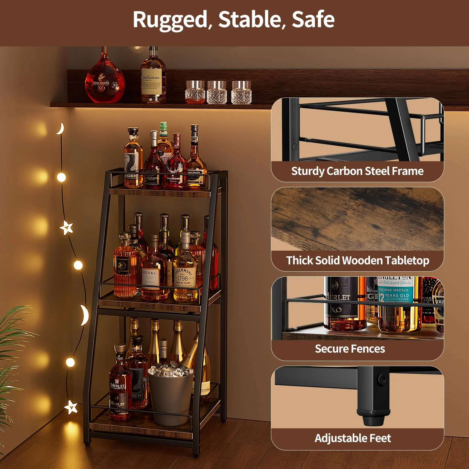 Nuovoware Mobile per Liquori 3 Livelli Mini Bar, Scaffale Vino Terra Whisky, Scaffale Angolare Bottiglie Liquore Recinzione Cassetto Scorrimento per Casa, Cucina, il soggiorno Sala da Pranzo, Nero