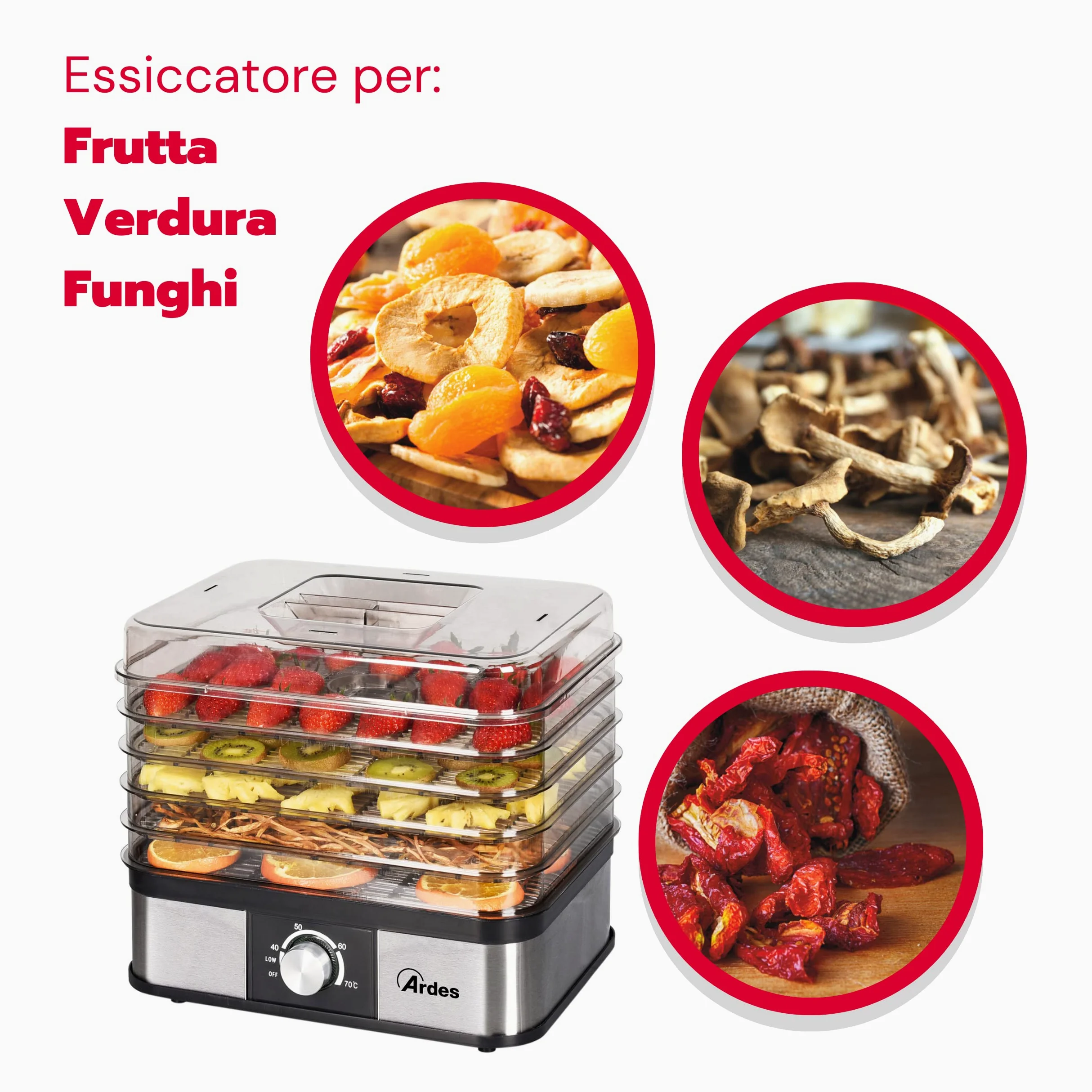 ARDES | AR1K15 Essiccatore Alimentare per Frutta Verdura Funghi Disidratazione Rapida - 5 Ripiani Lavabili, Temperatura Regolabile, 245 W, Plastica