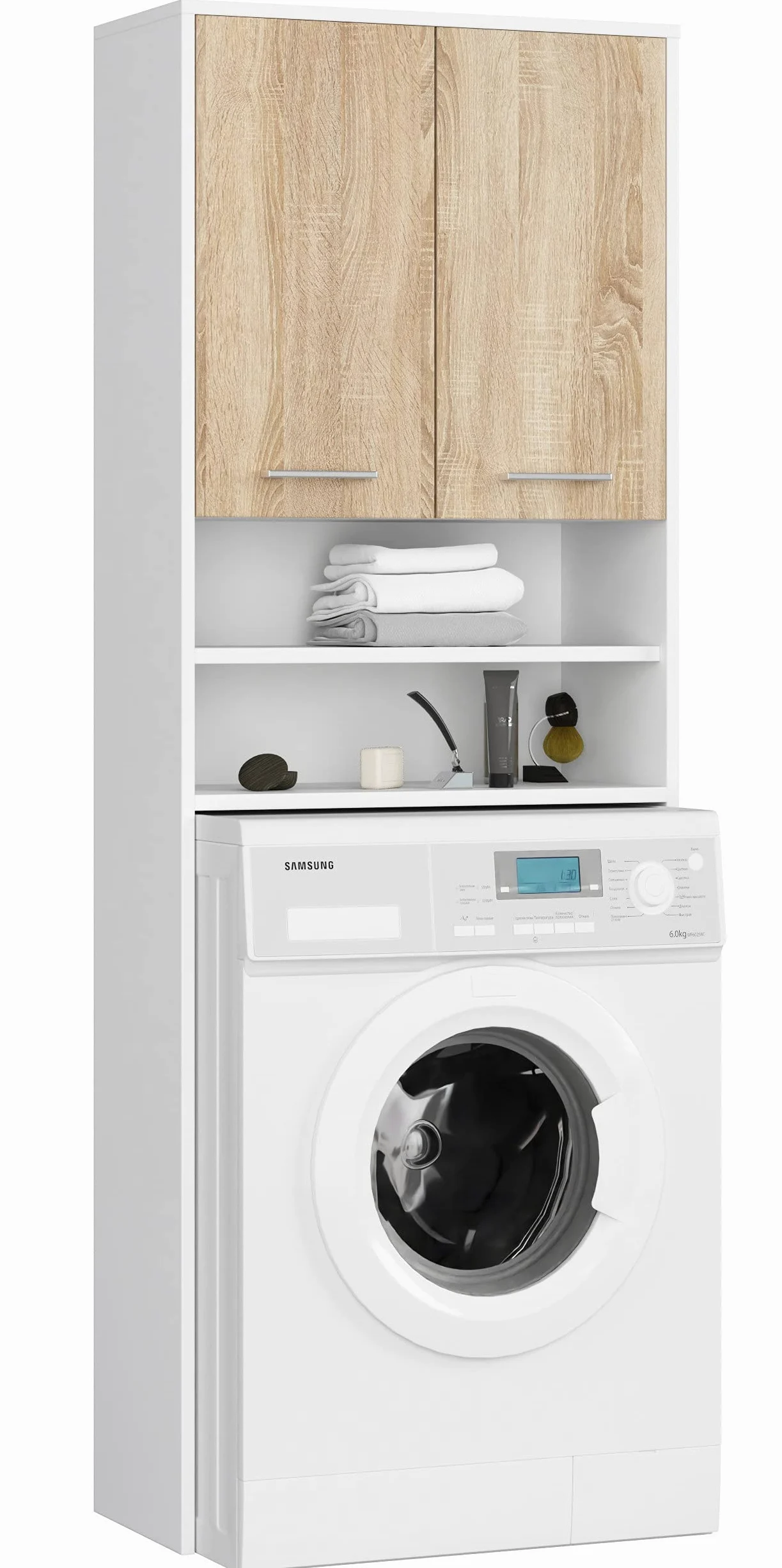 AKORD | Armadio Pensile per Lavatrice | Armadio di trasformazione con 2 ante, 2 Ripiani Aperti | Archivio per bagno | Cassettiera per lavatrice | 64x180x30 cm | Peso 30 kg | Bianco/Rovere Sonoma