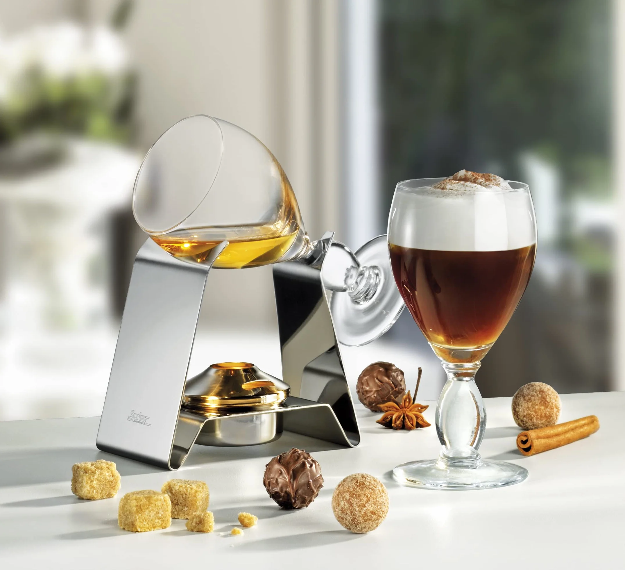 Spring, Set per Irish Coffee con Scaldavivande in Acciaio Inossidabile e 2 Bicchieri da Irish Coffee da 225 ml