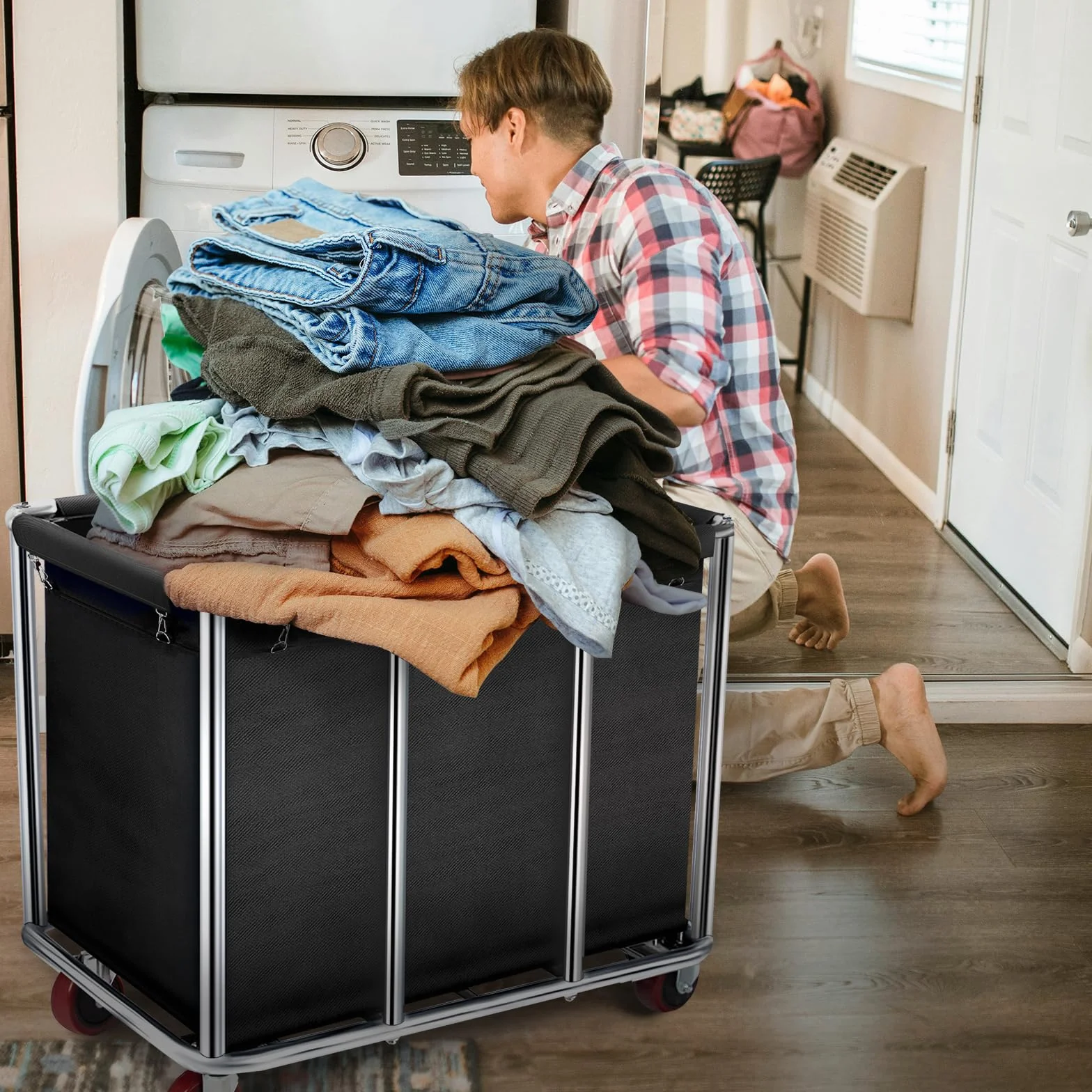 Carrello portabiancheria commerciale, grande 400 litri con tela impermeabile rimovibile, cesto portabiancheria in acciaio inossidabile resistente con ruote per hotel e ospedale, carico di 199,6 kg