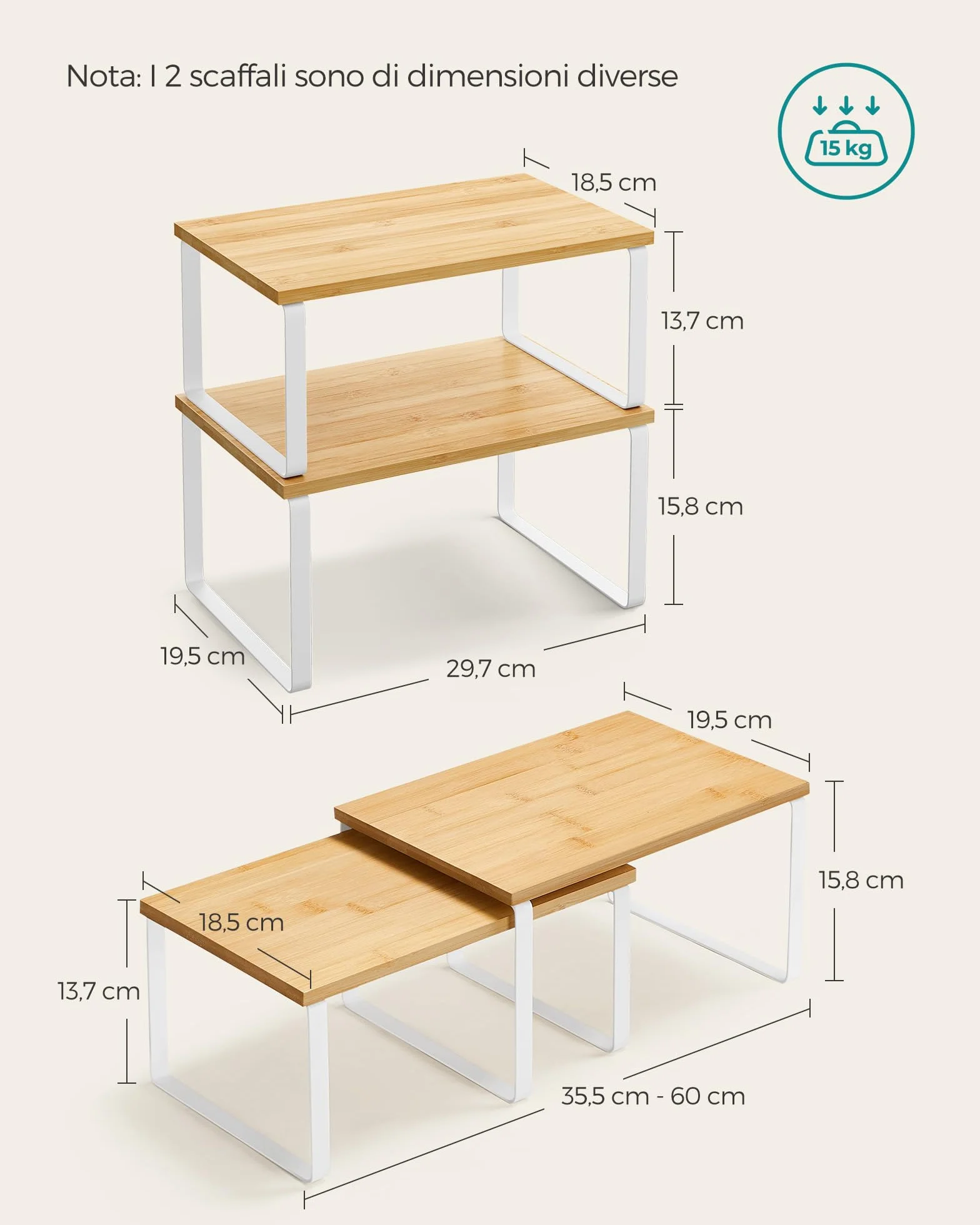 SONGMICS Scaffale Portaspezie, Set di 2 Organizzatori da Cucina Espandibili, Impilabile, Metallo e Legno, Bianco e Beige KCS02NW