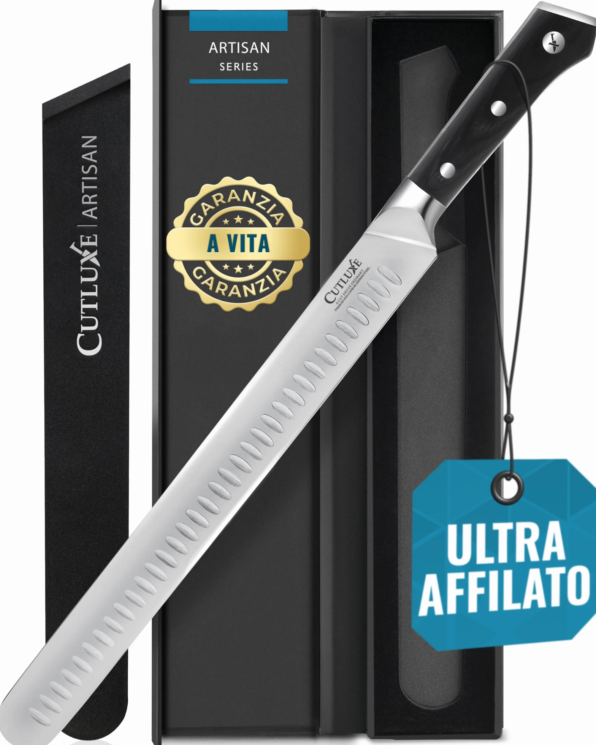 Cutluxe Coltello da Prosciutto Professionale - 30cm Coltello per Affettare Salumi e Carne - Acciaio al Carbonio, Lama Affilata e Resistente con fodero - Artisan Series