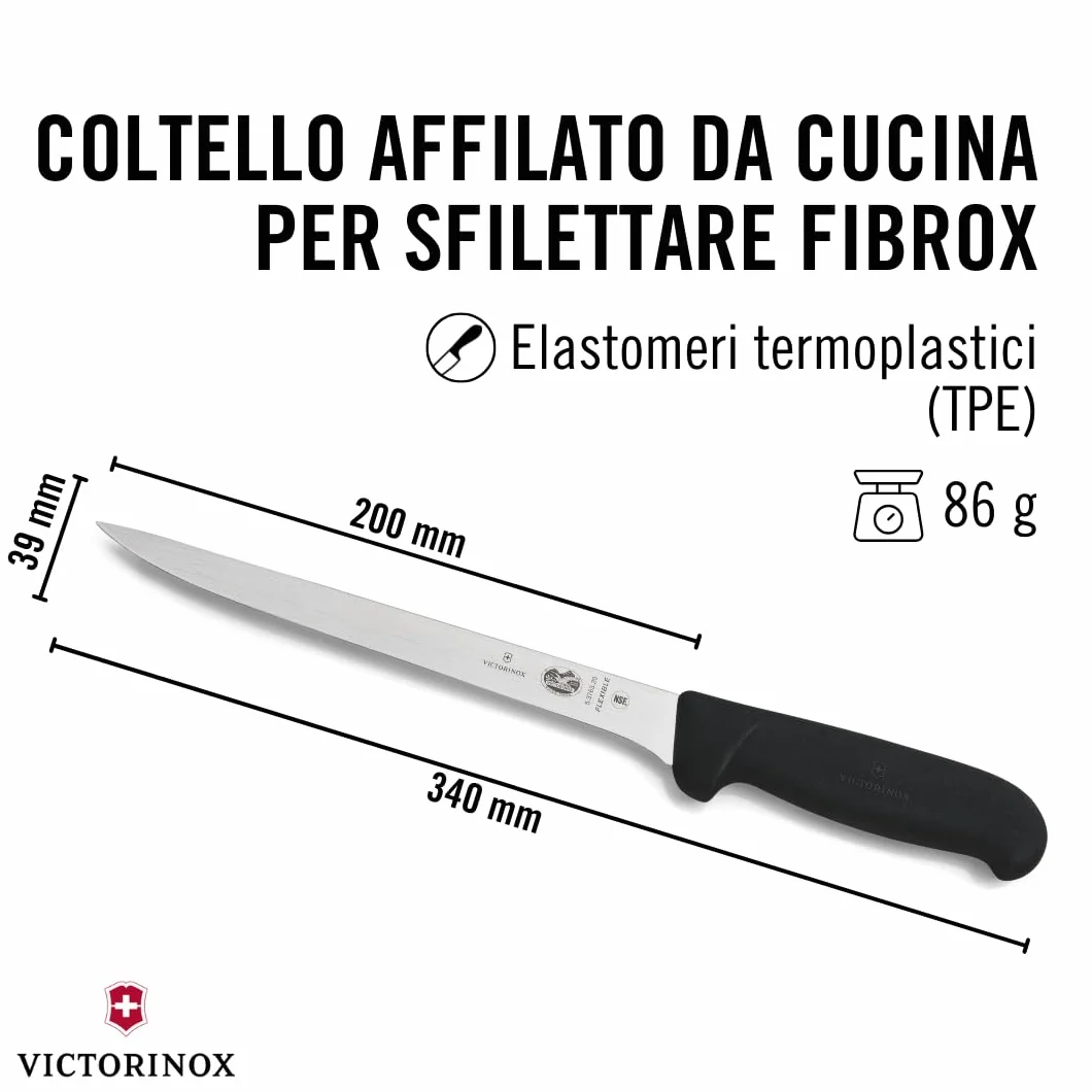 Victorinox Fibrox, Coltello per sfilettare, Coltello da Cucina Affilato per Carne e Pesce, 20 cm, Lama Dritta, Flessibile, Acciaio Inossidabile, Nero