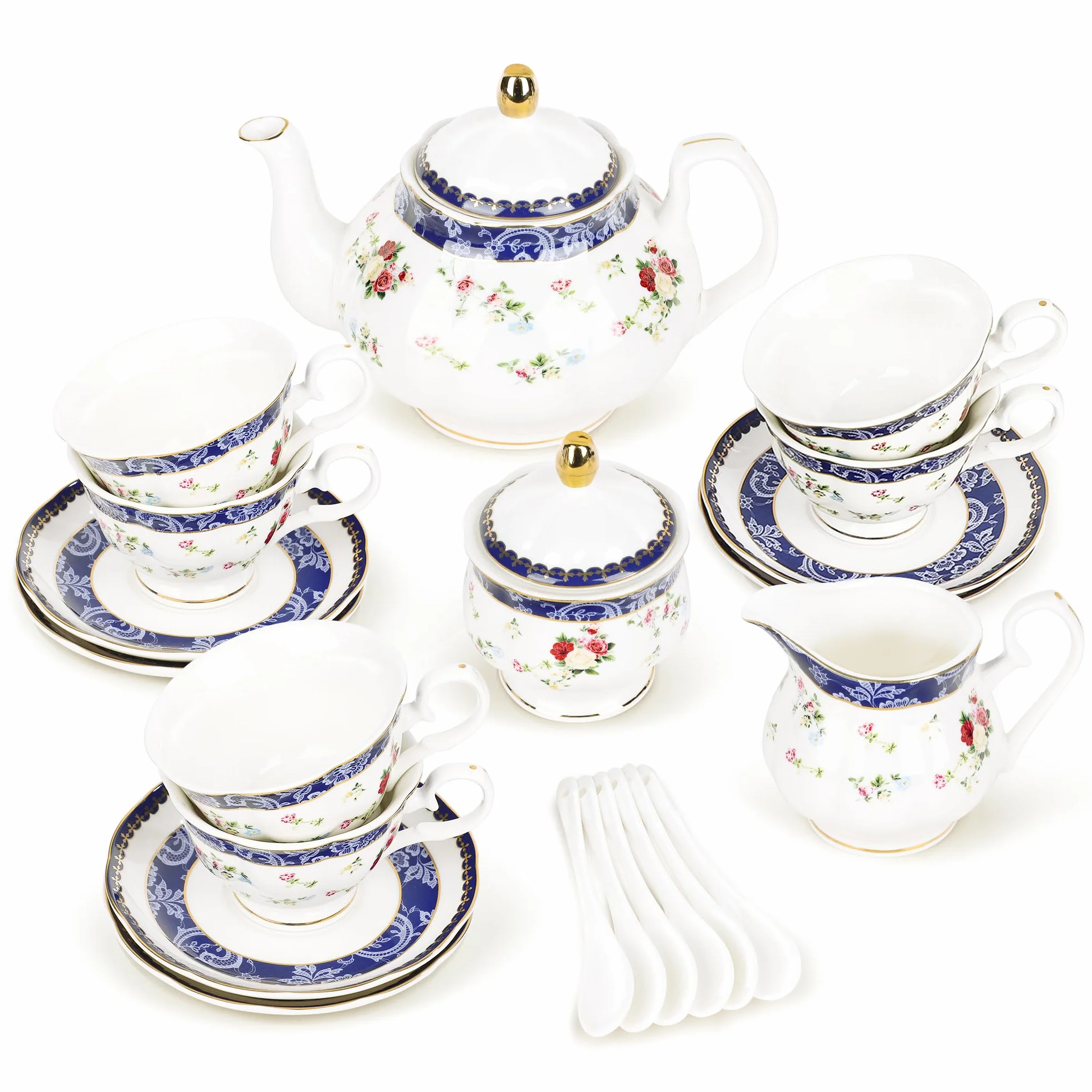 fanquare 21 Pezzi Set da Tè Pomeridiano Britannico con Rose Blu, Moderno Set di Teiere in Porcellana, Set di Tazze da Caffè Vintage con Piattino, Servizio da Tè per Adulti per 6 Persone