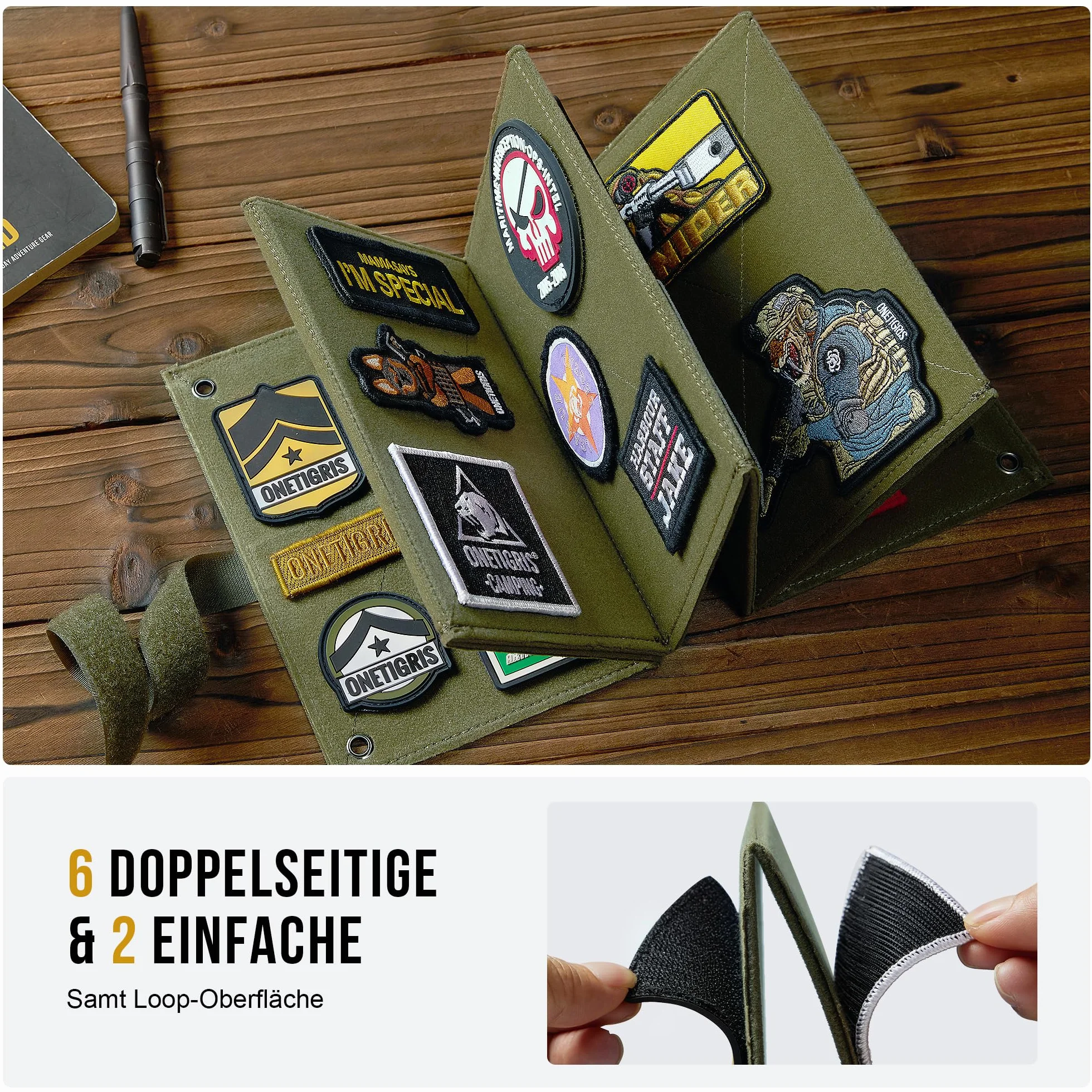 OneTigris Pannello Espositivo Tattico Pieghevole per Patch, 112 x 20,5 cm, Organizer a Booklet per Patch Militari