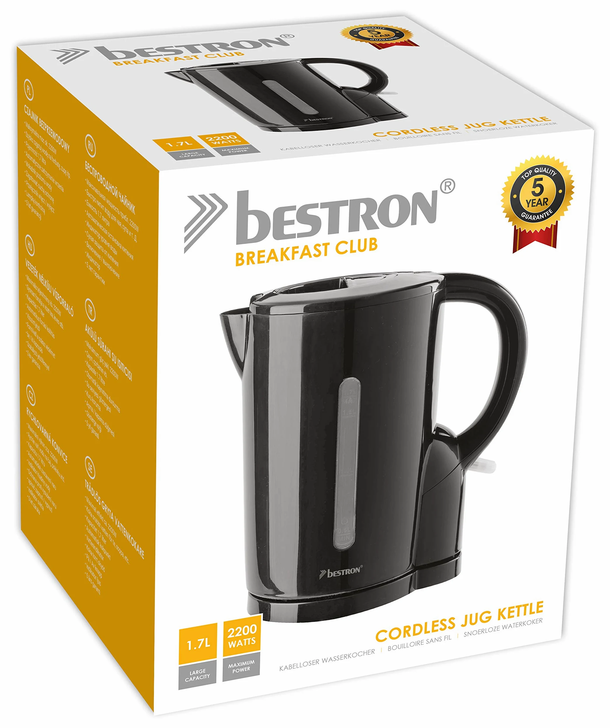 Bestron Bollitore, Arresto automatico, 1,7 litri, 2200 Watt, Nero