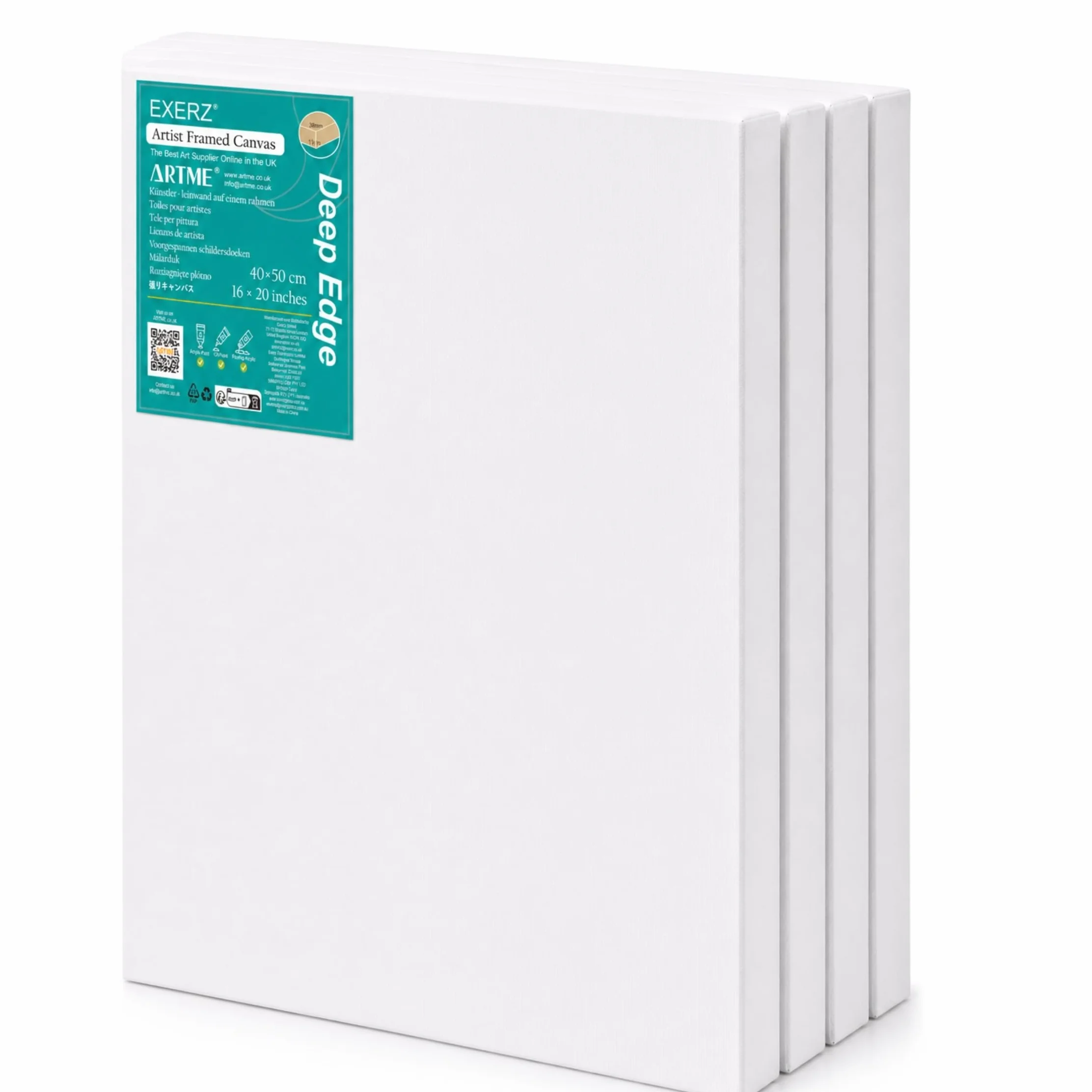 Exerz Tele intelaiate 4 Pezzi 40x50cm 3,8cm Spessore Bordo Profondo / 380GSM/ Prestirato 100% Cotone/Imprimitura/Triplo Innescato/Acido Libero/A Grana Media/Acrilici, Pittura ad Olio