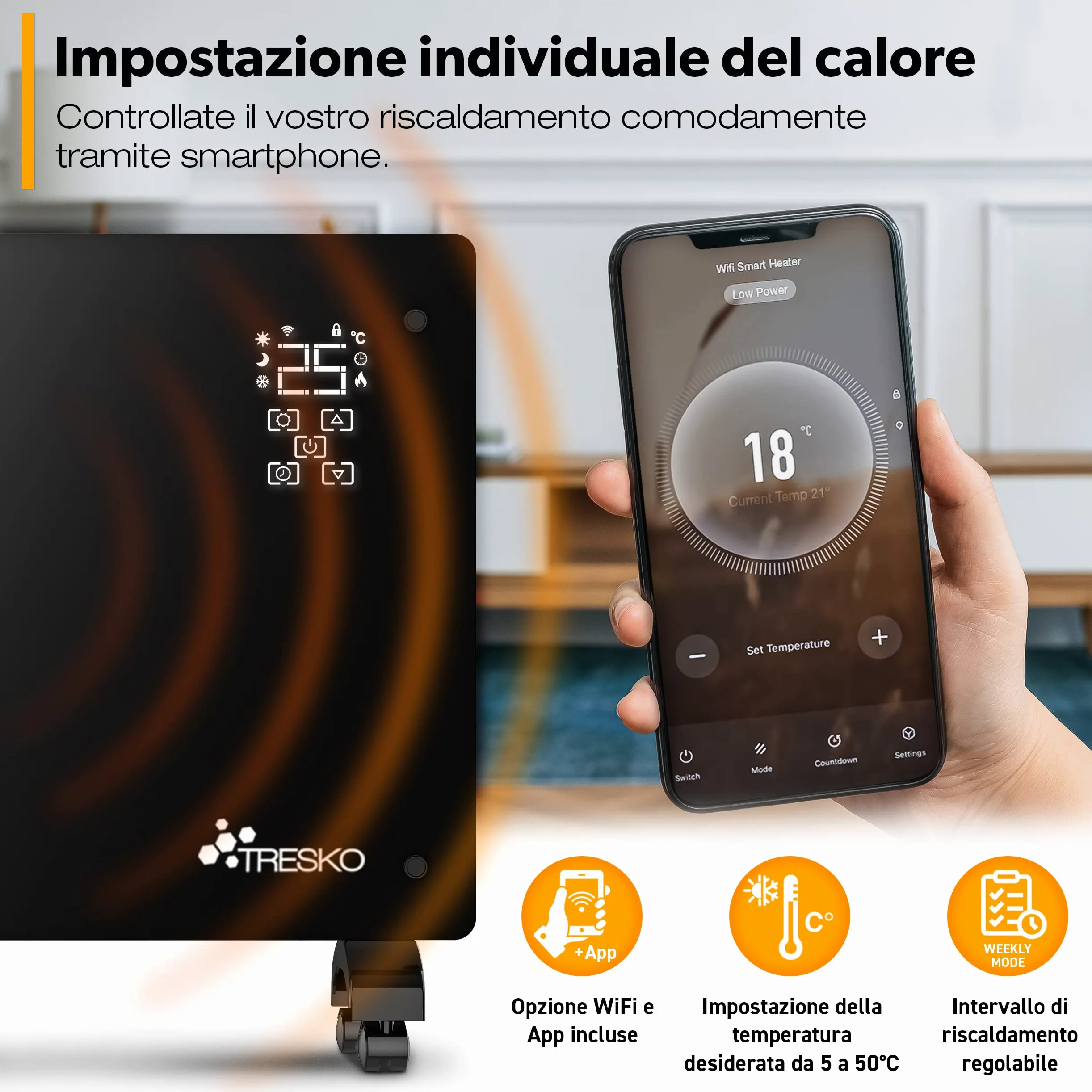 TRESKO Stufa Elettrica Basso Consumo 2000W - Wifi & APP | Stufa Elettrica basso consumo | Termoconvettore con Rotelle | Termosifone Elettrico Portatile | Termoconvettore a Parete con Termostato