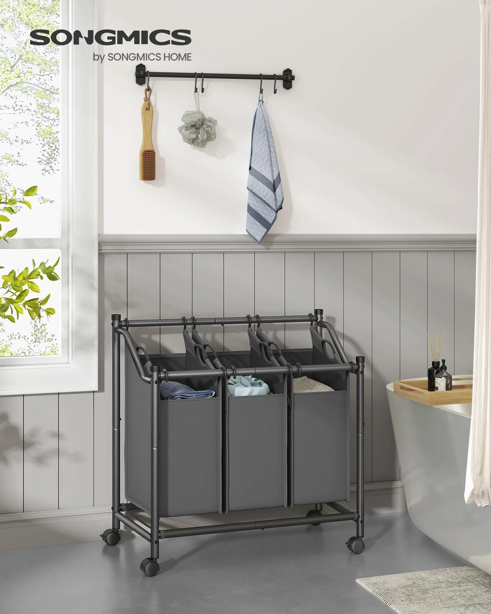 SONGMICS Carrello Portabiancheria, Cesto Porta Biancheria con 3 Sacchi Rimovibili, Carrello per Lavanderia, Camera da Letto, Bagno, 3 x 45 L, Grigio Ardesia RLS102G01