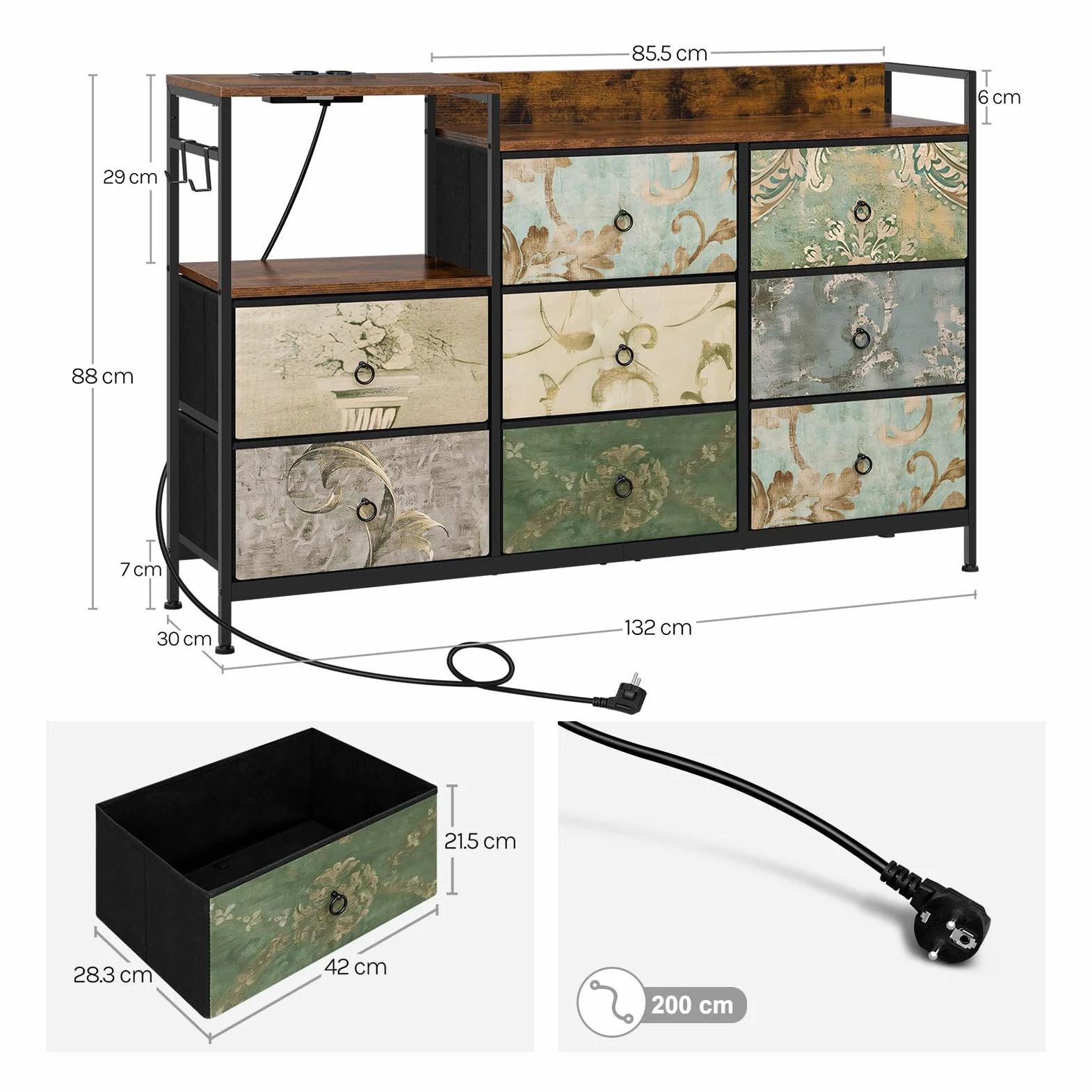 WOLTU Cassettiera a 8 Cassetti in Tessuto, Cassettiera per Camera da Letto, con Sezione di Ricarica e Ganci, Piani Legno e Struttura in Metallo, Marrone Rustico+Nero