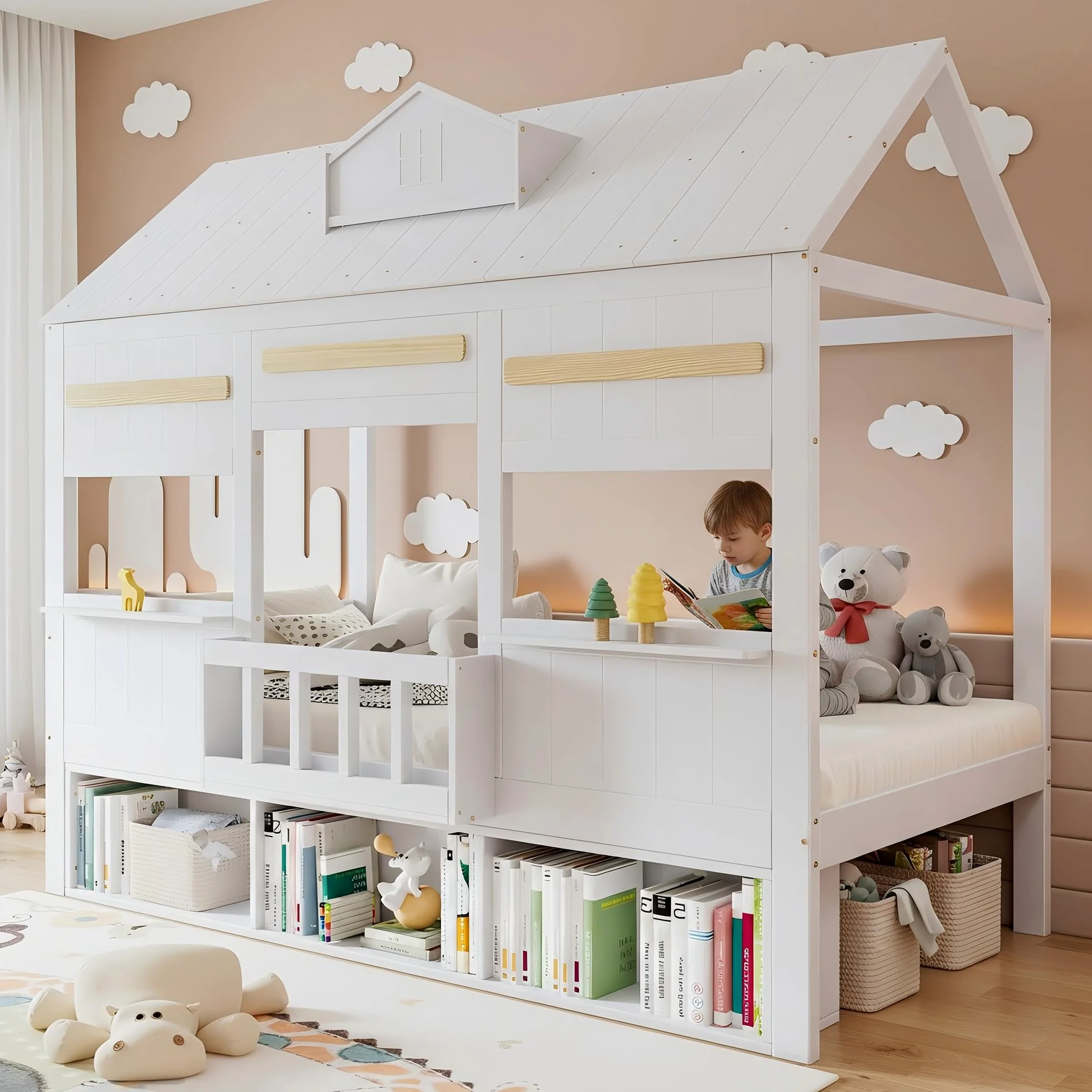 Letto Casetta per Bambini 90x200cm con Libreria e Finestre, Strutture letto in Legno di Pino, Rete a doghe(Nessun materasso