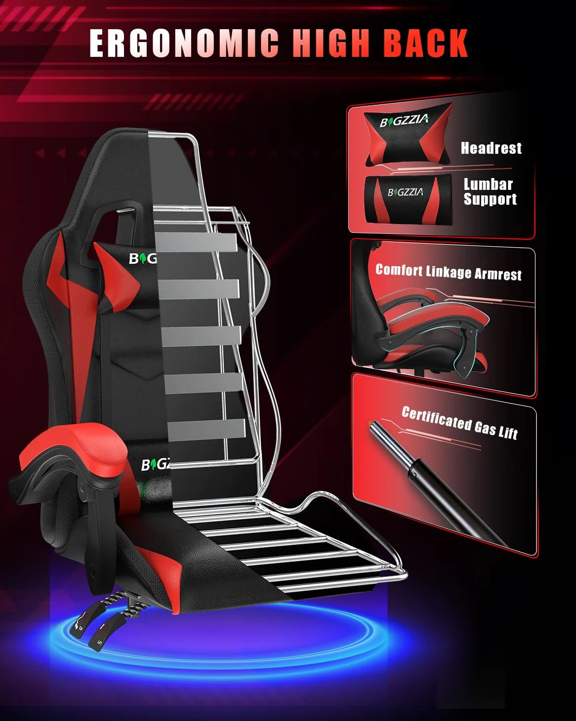 bigzzia Sedia Gaming RGB con Luci LED E Sedia Ergonomica Per Computer Per Videogiochi Reclinabile con Schienale Alto in Pelle Pu con Poggiatesta (Utilizzo di RGB, Rosso)