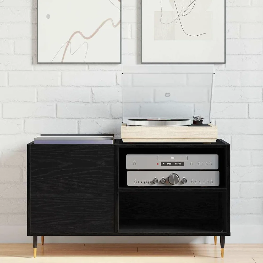 Armadietto per vinili, effetto rovere, 85 x 38 x 48 cm, in legno con 3 ripiani, porta con cerniere, stabile rack HiFi per soggiorno, ufficio e home theatre