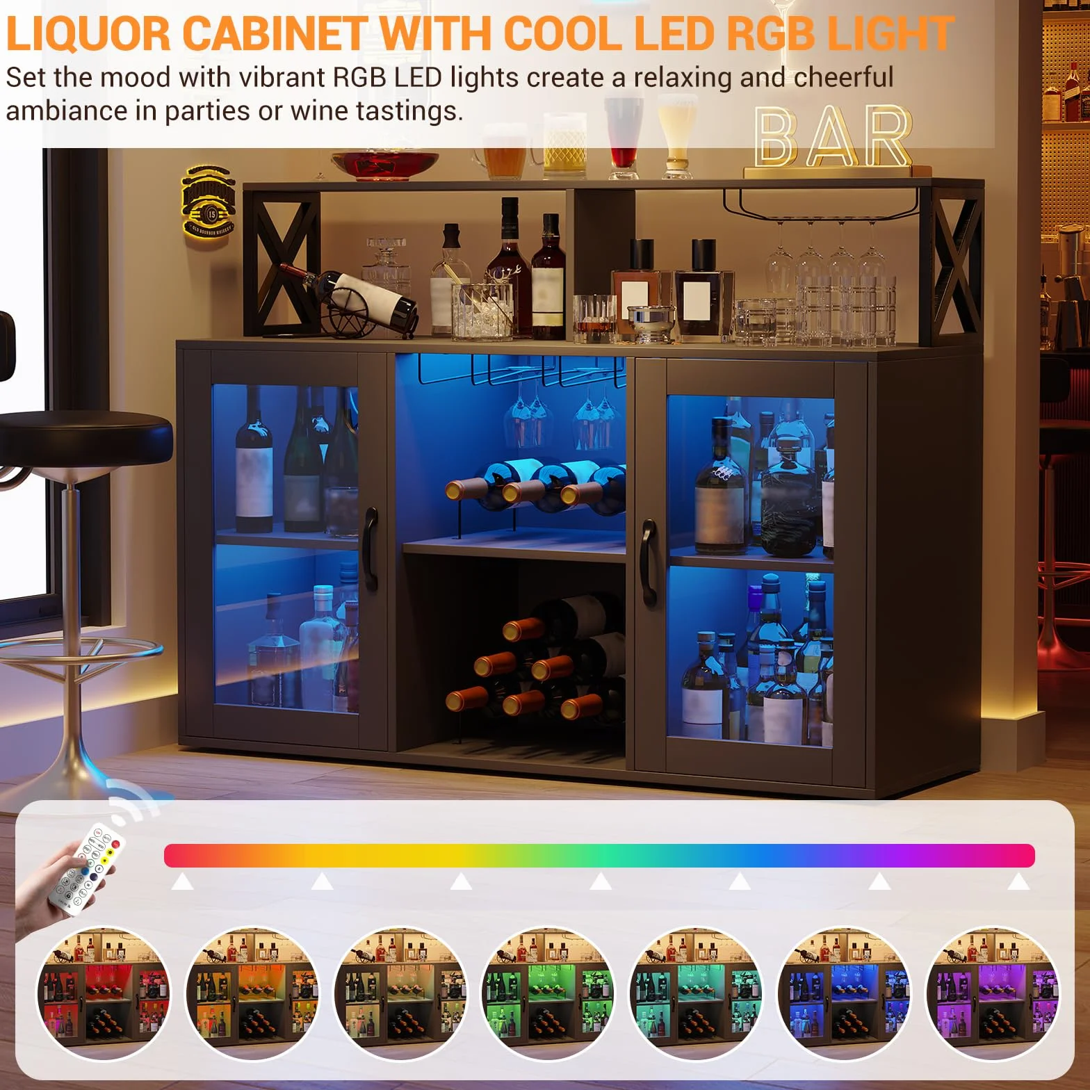 Garvee Mobile Bar Industriale 2-in-1 con Luci LED e Prese, Buffet con Portabottiglie, Portabicchieri, Ripiani Aperti, per Cucina, Sala da Pranzo, Soggiorno, Nero