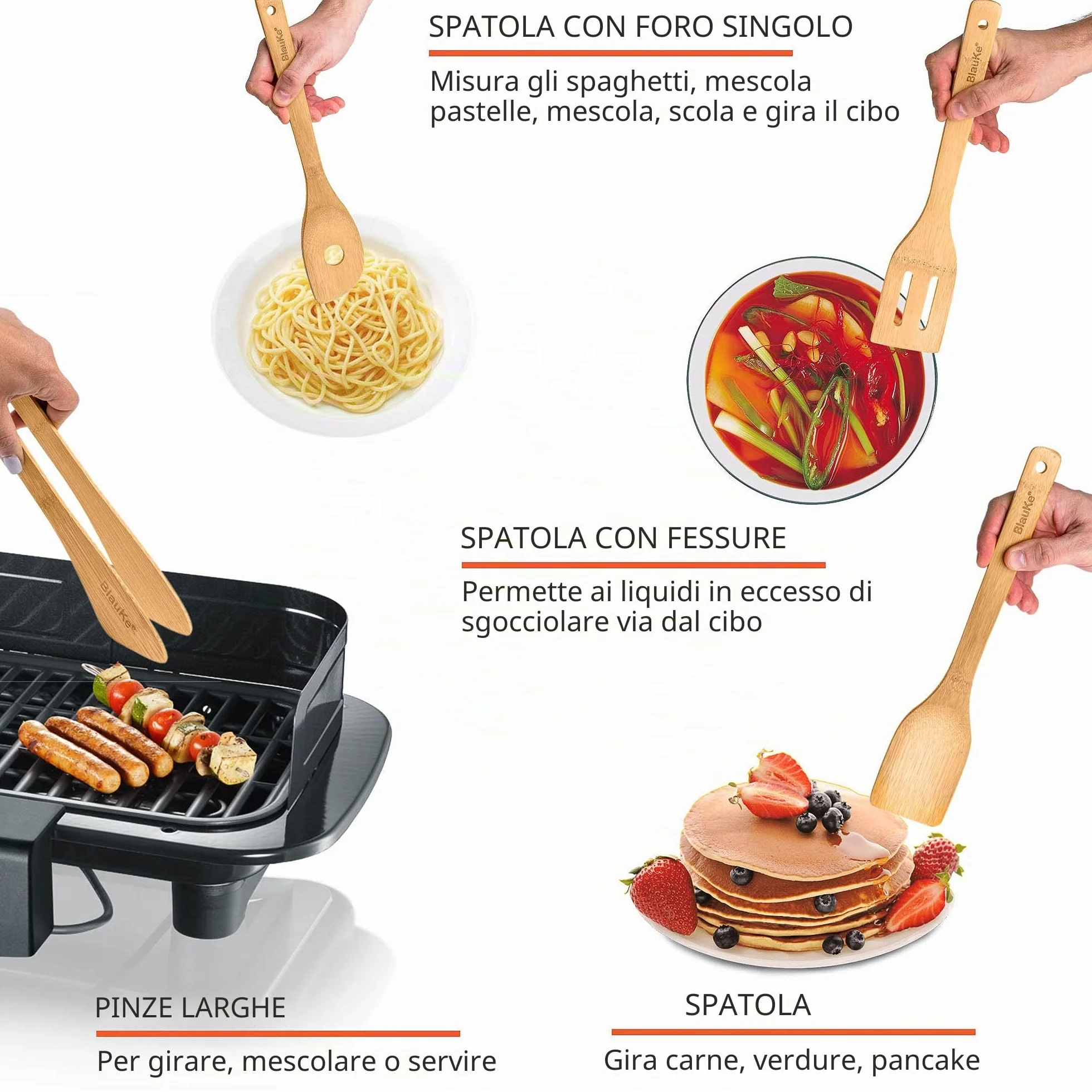 BlauKe® Set di Utensili da Cucina in Bambù Naturale - 8 Pezzi con Paletta, Spatola, Pinze, Cucchiaio in Legno, Porta Mestoli