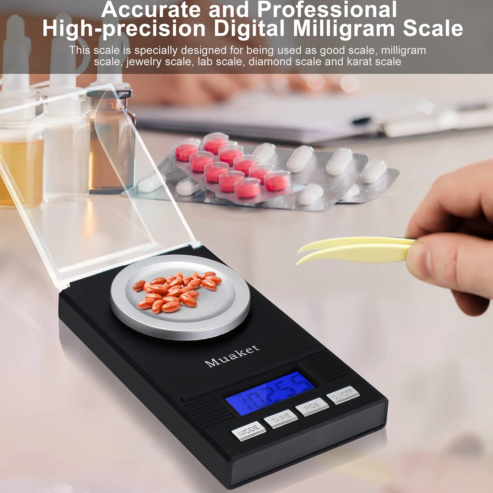Bilancia Digitale 0,001g/50g, Muaket Precisione Cucina, Milligrammi con Display LCD, Scale con Funzione Tare, Calibrazione Pesi, Piatto di Pesata e 2 x Batterie