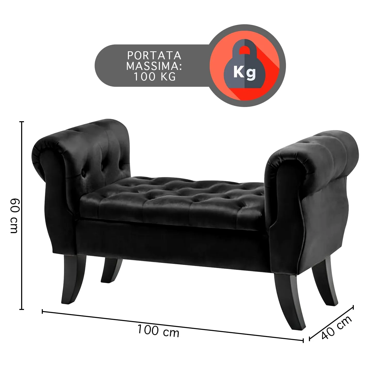 IlGruppone Divanetto in Velluto Panca Contenitore Pouf PortaOggetti Panca Sgabello A Pie di Letto Cassapanca Ingresso Legno Massello Panchina - Nero
