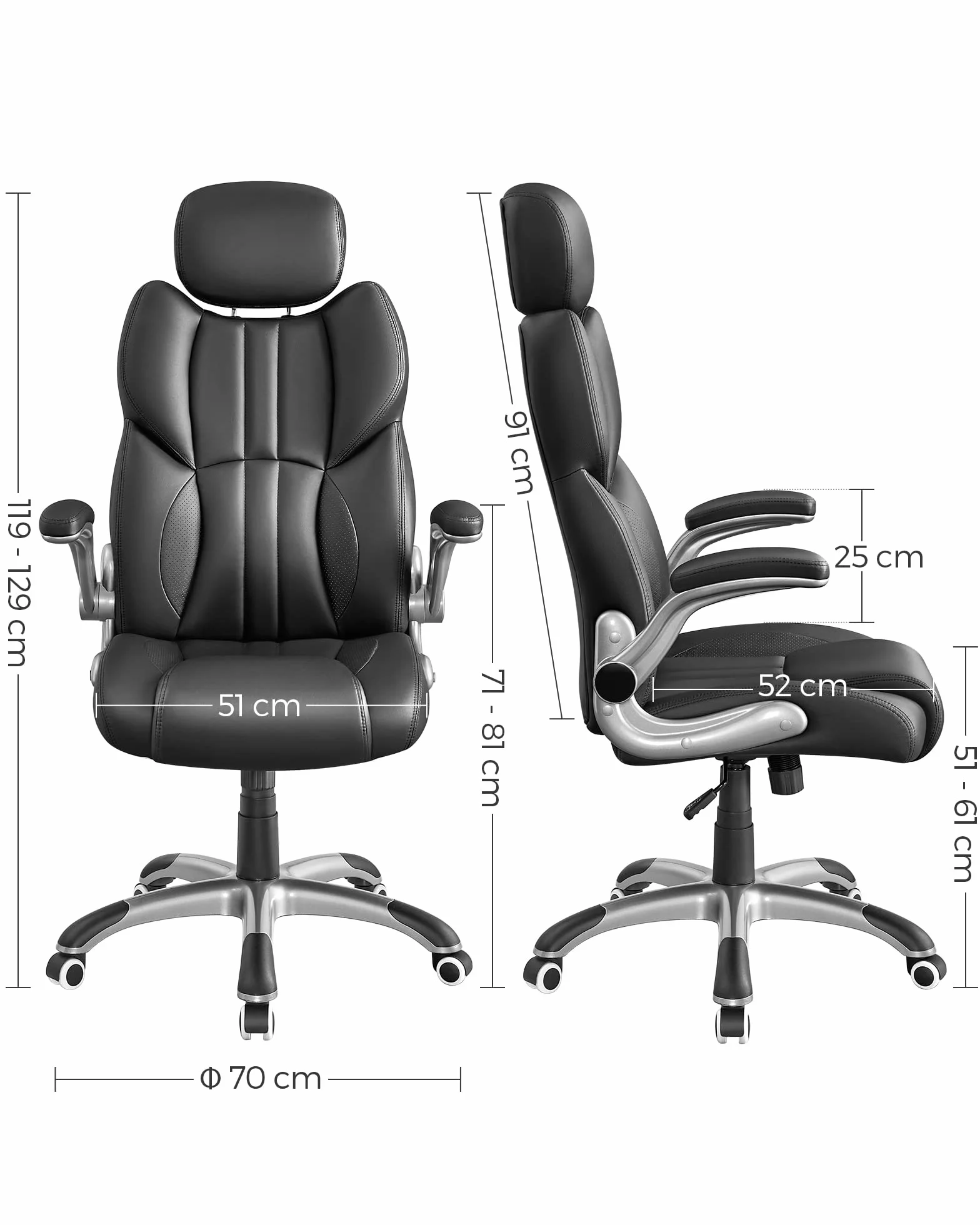 SONGMICS Sedia da Ufficio, Poltrona Girevole Ergonomica, con Braccioli Pieghevoli, Base a Stella in Nylon, Carico Massimo 150 kg, Nero OBG65BK