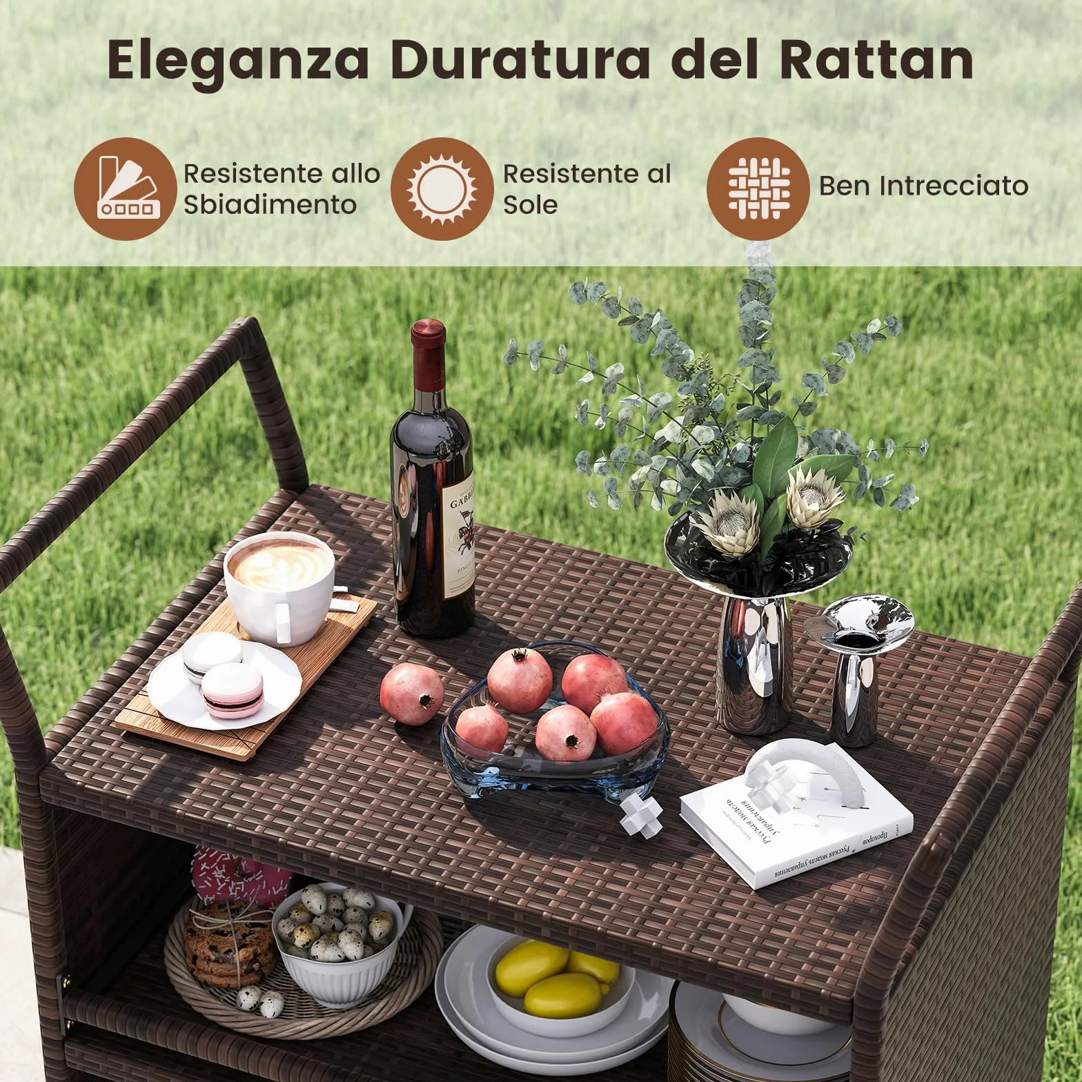 COSTWAY Carrello da Bar da Esterno, Mensola di Stoccaggio in Vimini con 3 Livelli Ruote e Maniglie Laterali, Tavolino da Servizio per Giardino Bordo Piscina Veranda, 86 x 50 x 89 cm