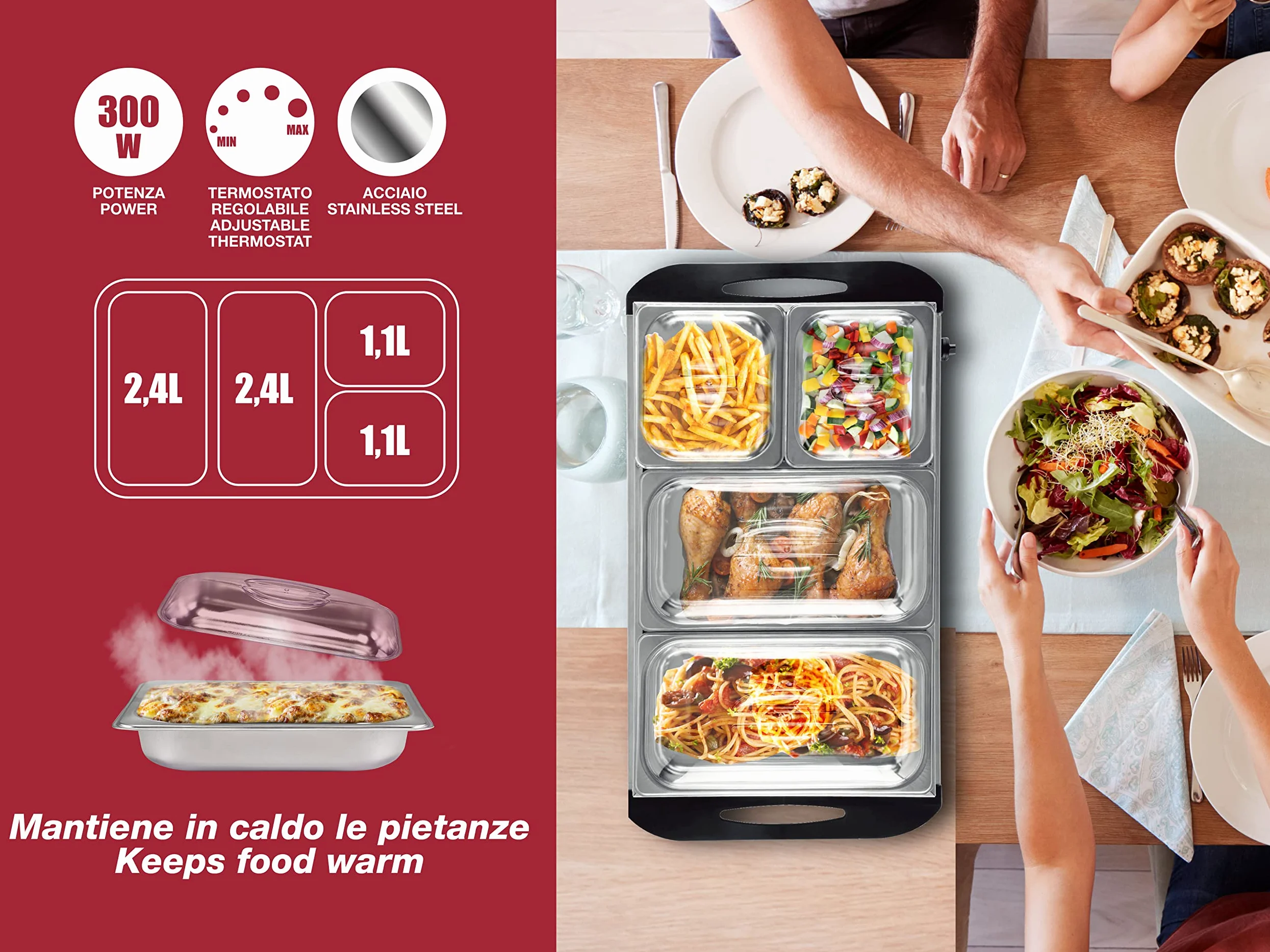 Beper P101TEM001 Scaldavivande per buffet, Acciaio inossidabile, 4 vassoi rimovibili, Termostato per la temperatura, Luce funzionamento, Ideale per buffet