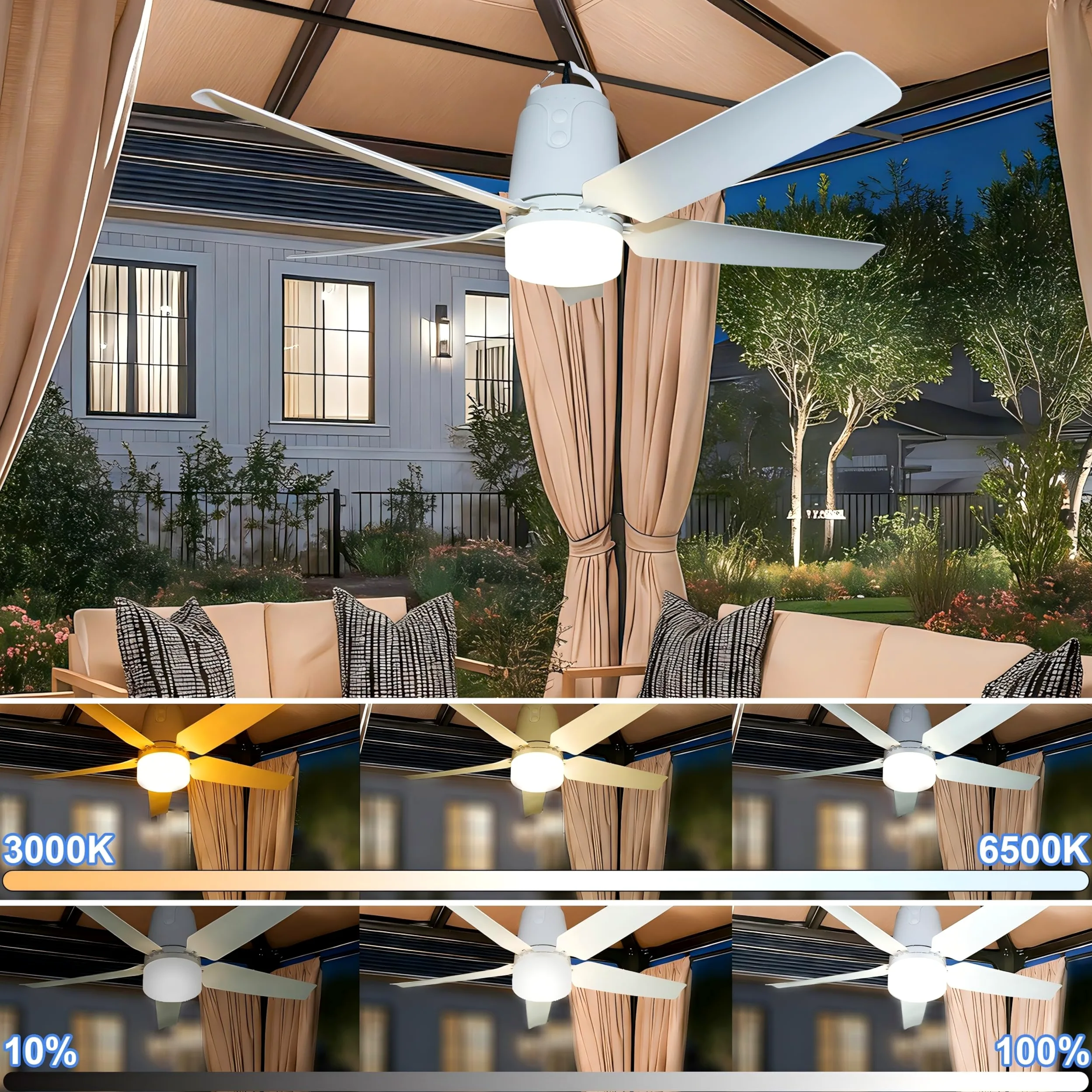 SHUNLEE Ventilatore da Esterno Soffitto, Ventilatore da Gazebo con Luce 3000-6500K, Ventilatore da Soffitto Portatile con Spina e Telecomando, Gancio, ideale per Gazebo, Tenda a Comparsa, Patio (80CM)