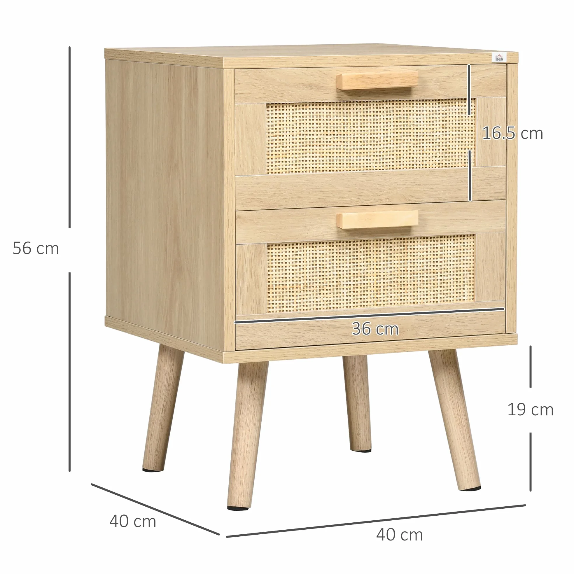 HOMCOM Set di 2 Comodini per Camera da Letto, Comodini Stile Boho Eleganti con 2 Cassetti, 40x40x56cm, Colore Legno Naturale