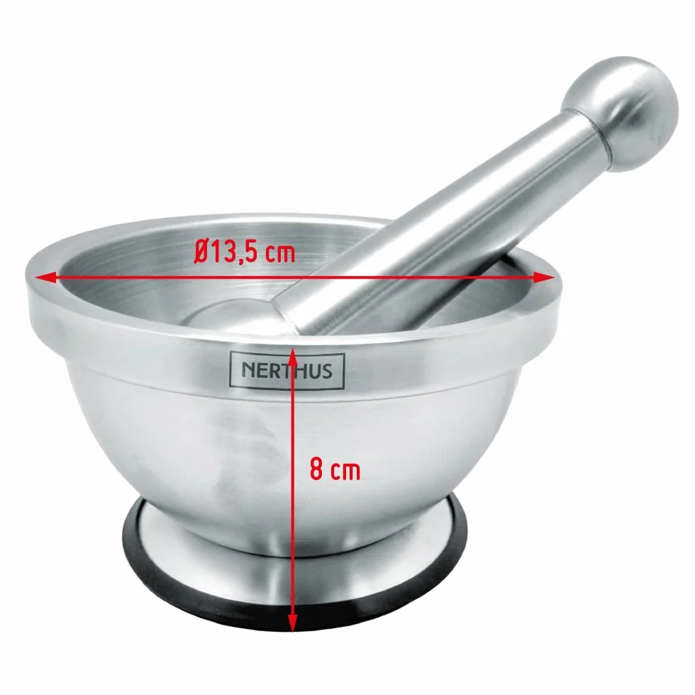 Nerthus FIH 020 mortaio acciaio inox con pestello base antiscivolo per spezie salse cucina