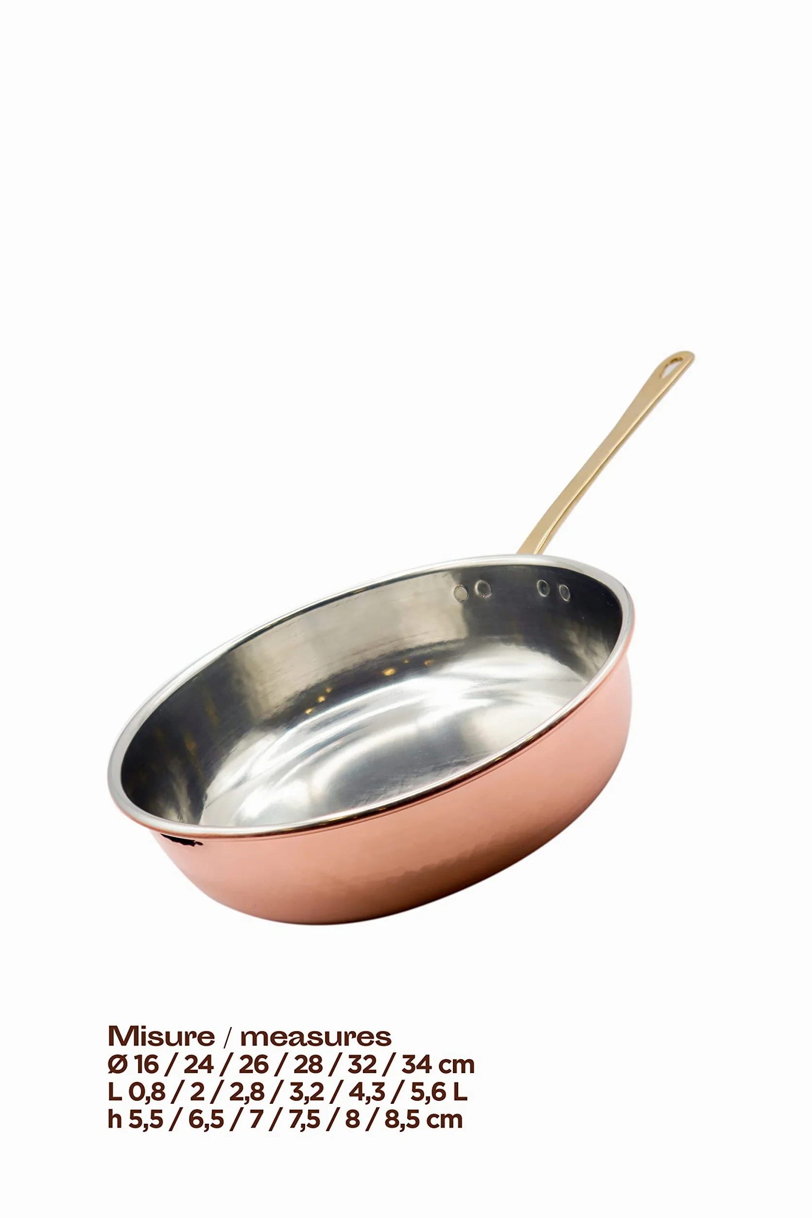 CREARTISTIC Padella Rame Professionale Stagnato Saltapasta 34x8,5 cm - 5,6 L Spessore 1,2 mm, Con Manico in Ottone, Pentola per pasta, Martellato a Mano - Made in Italy