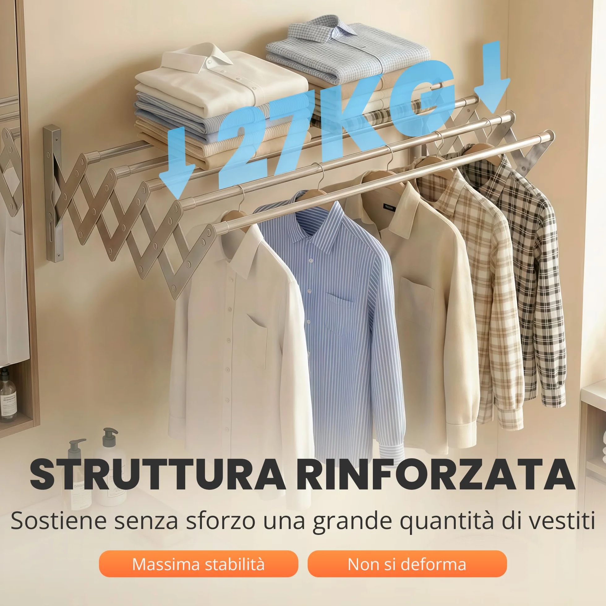 JUPPLIES Stendino da Parete Estensibile 120 cm – Stendibiancheria a Muro Richiudibile – 5 Barre Acciaio Inossidabile