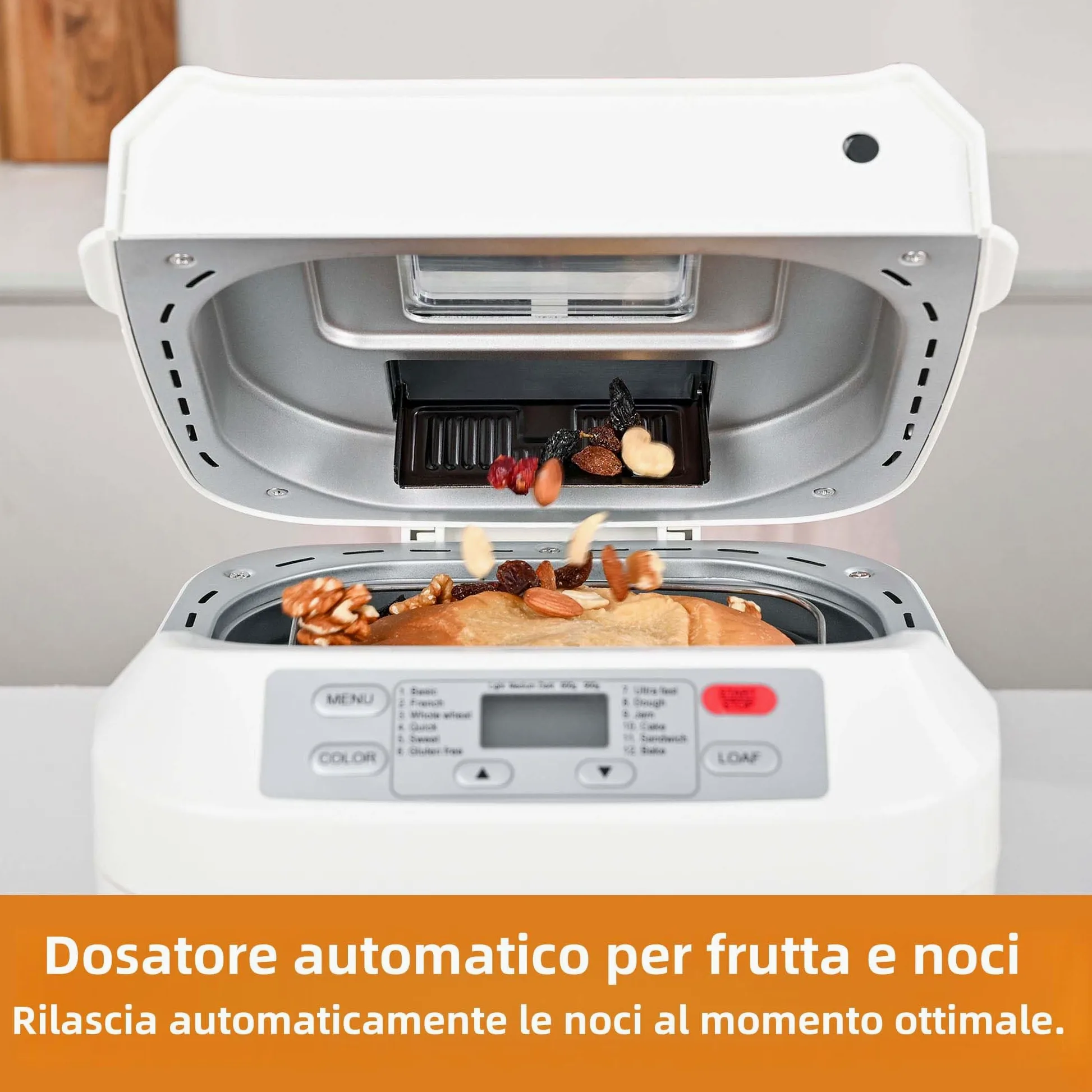 Macchina per il Pane, Kitchen in the Box Macchina del Pane con 12 Programmi, 900g, Senza Glutine, Dispenser Frutta Secca, Teglia Antiaderente, 3 Livelli di Cottura, Timer 13H e 1H Caldo (Bianco)