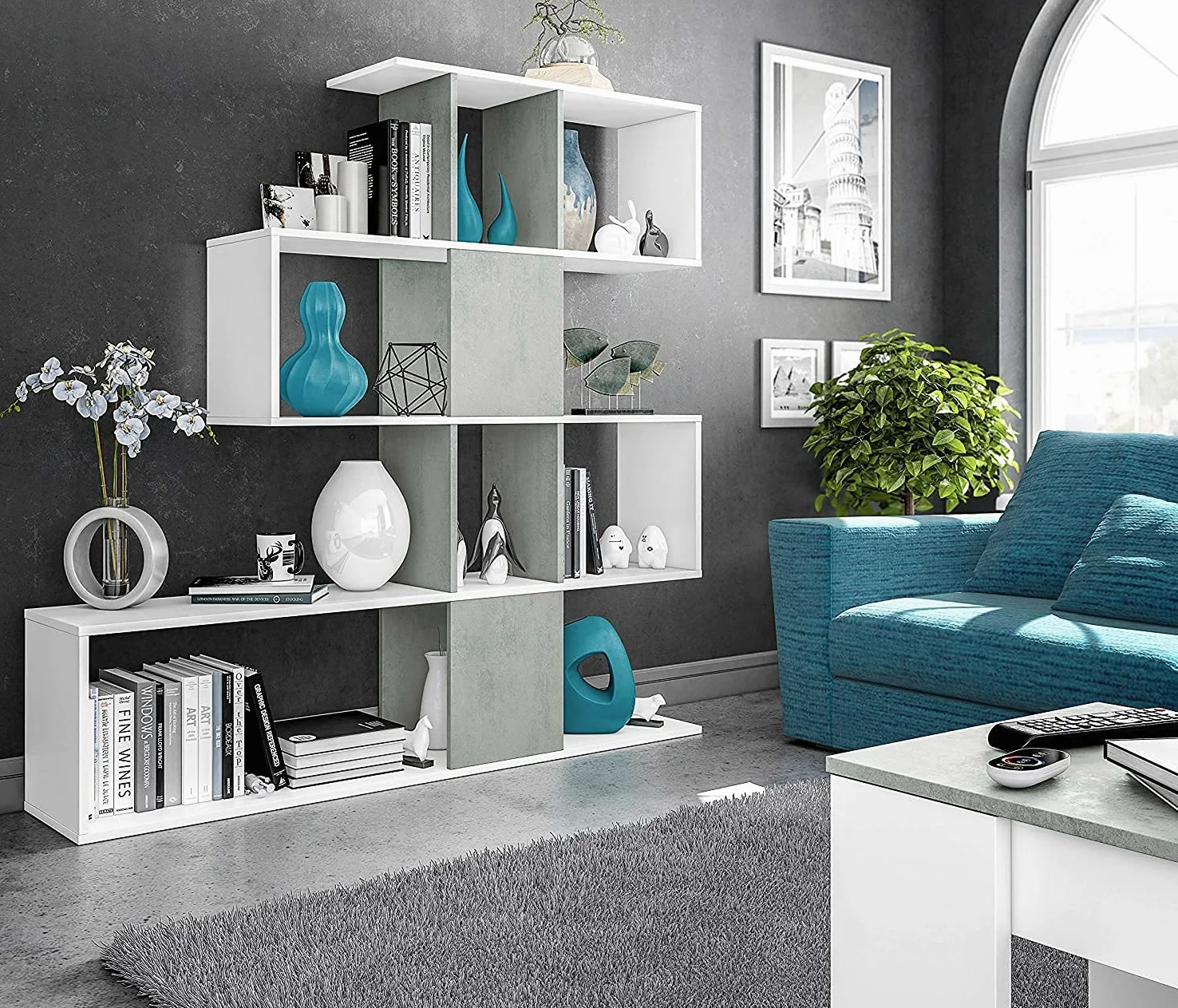 Dmora Kafka H03 Libreria, Grigio/Bianco, 145 x 29 x 145, Melamina