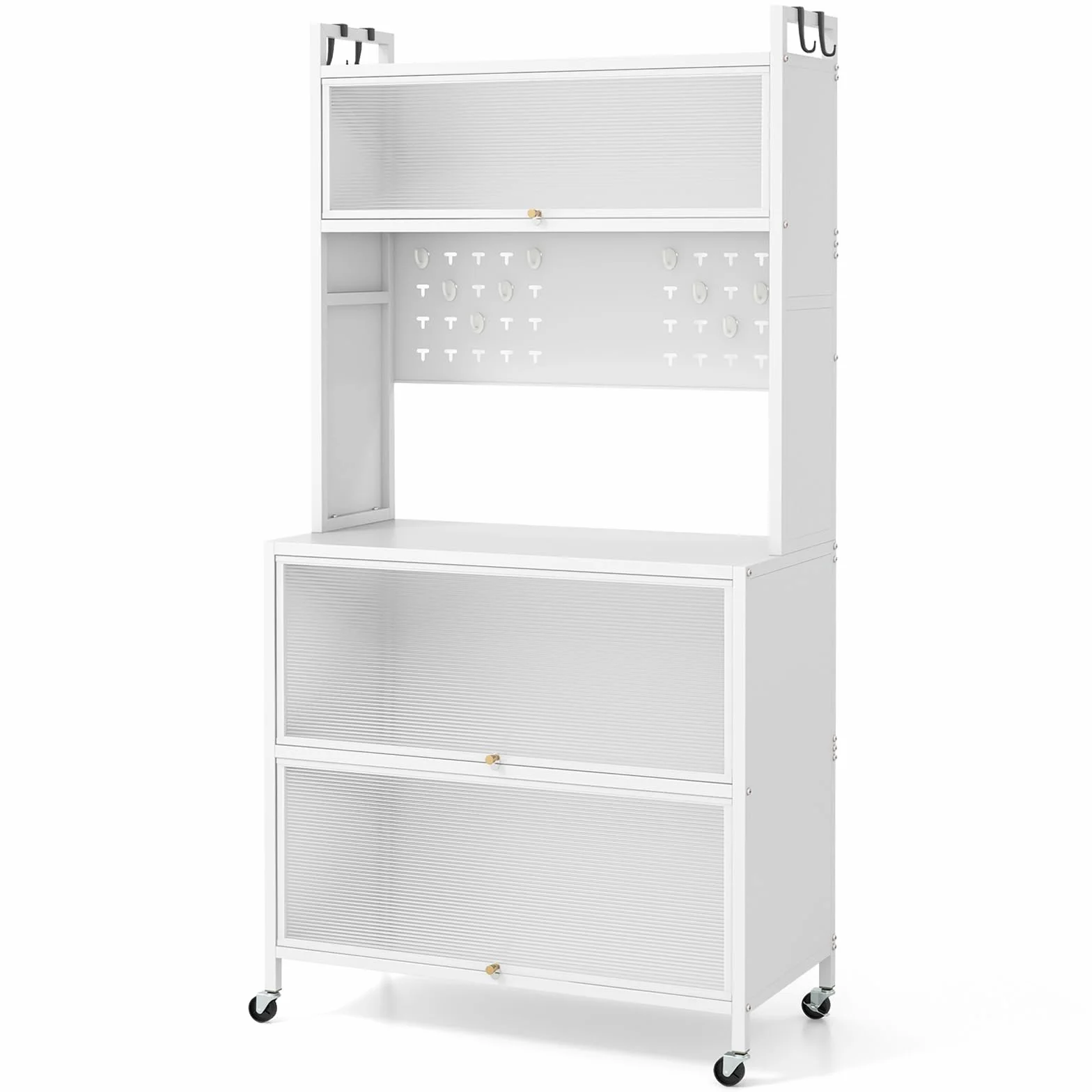 RELAX4LIFE Scaffale da Cucina con 5 Ripiani, Armadio con Ruote, Porte a Battente, Ganci Superiori e Pannello con Perforazioni, Mobile Multifunzionale per Cucina, Sala da Pranzo (Bianco)
