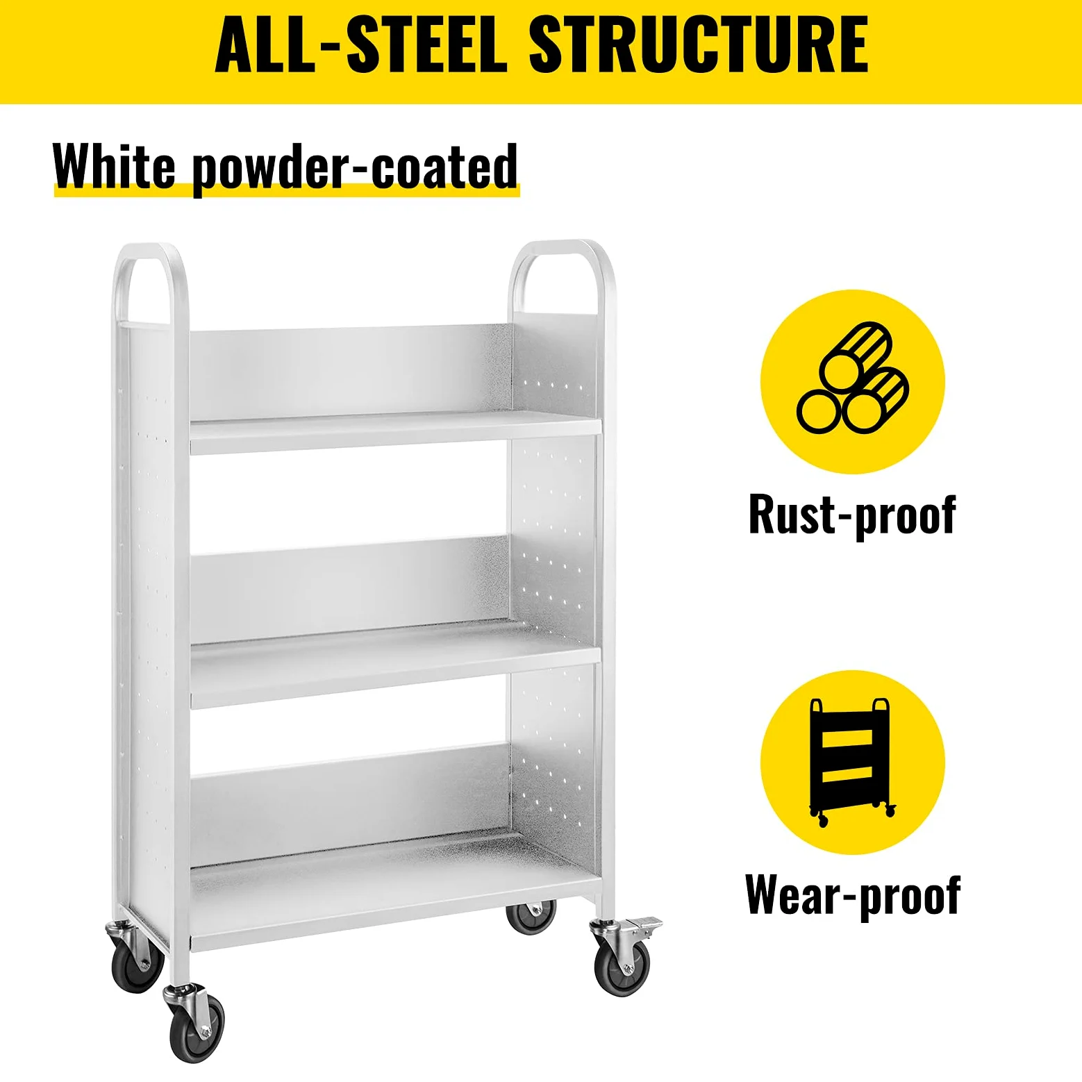VEVOR Carrello per Libri, Carrello per Biblioteca da 200 Libbre, Carrello per Libri con Ruote 30x14x49 Pollici Ruote Bloccabili da 4 Pollici, per Scaffali Domestici Ufficio, Bianco