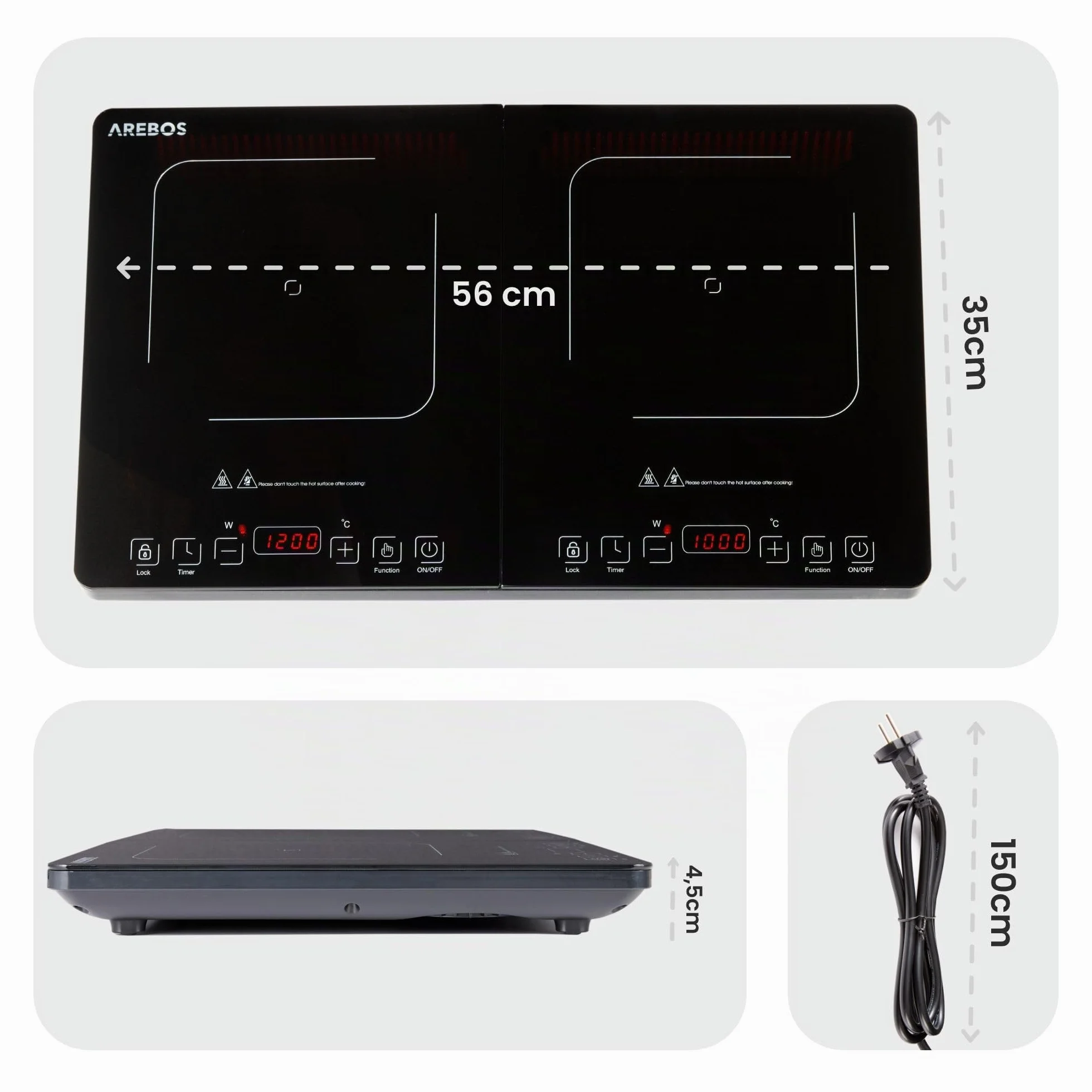 Arebos doppio piano cottura a induzione 3500W 2 zone display touch timer portatile