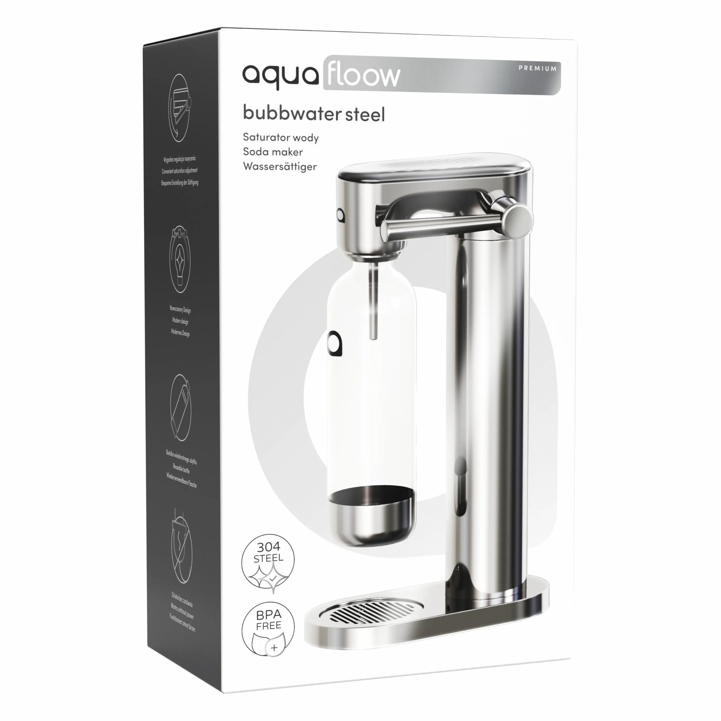 Aquafloow Macchina Soda per Acqua Frizzante in Acciaio Inox, Gasatore d’Acqua con CO₂ Ricaricabile, Bombola 60L, Bottiglia Senza BPA