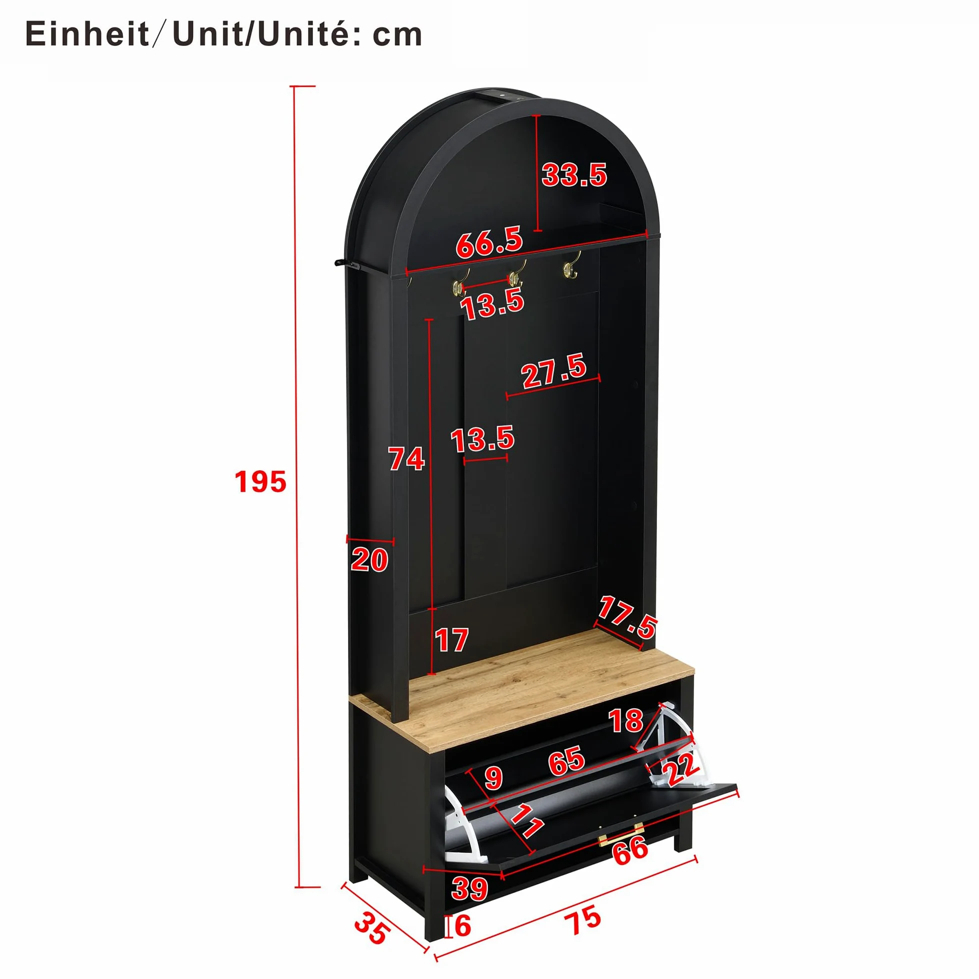 Merax Set di appendiabiti per corridoio, guardaroba compatto, multifunzionale, con scarpiera, ripiano e gancio, per ingresso, nero, 75 x 35 x 195 cm