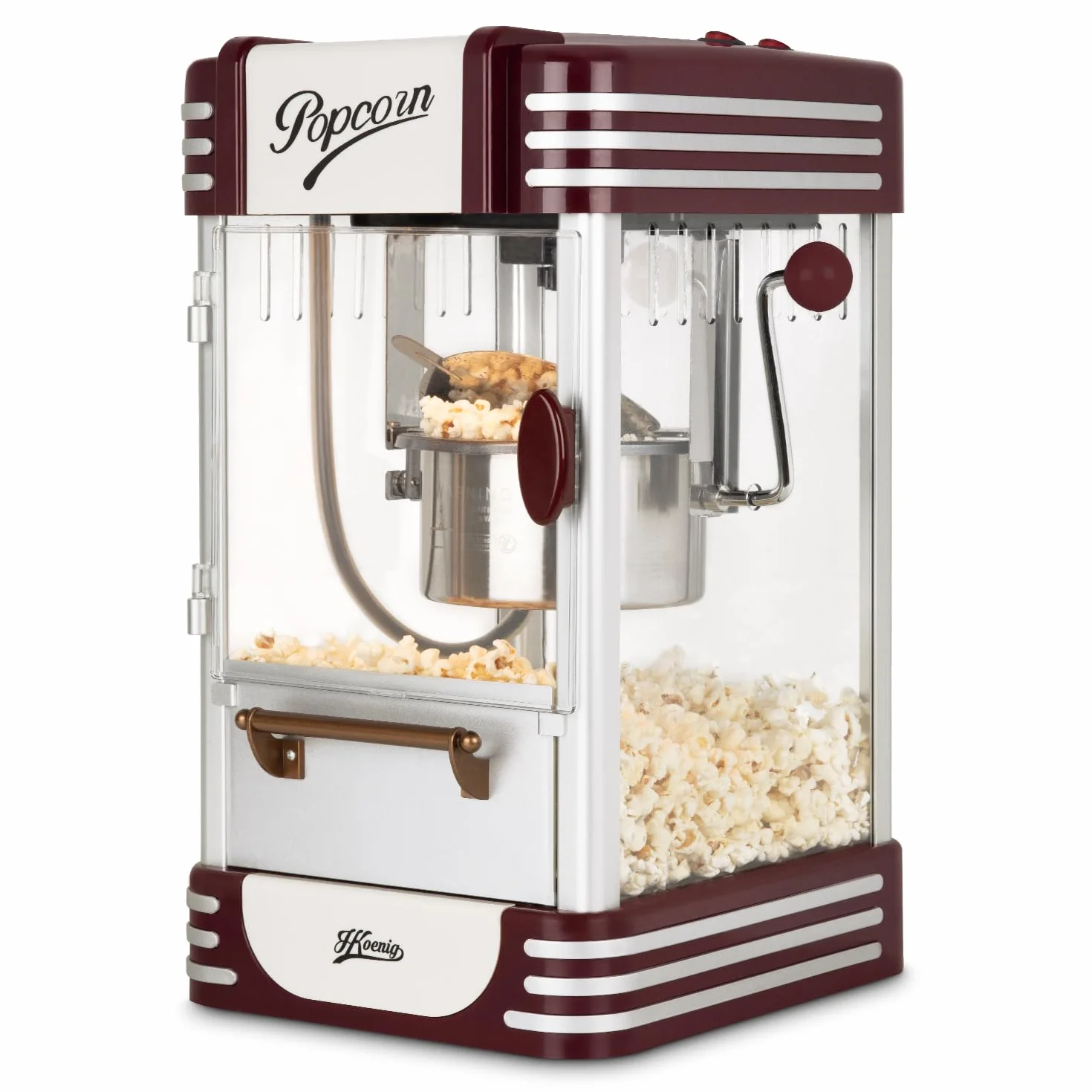 H.Koenig Macchina per Pop Corn POP330, Design Retrò, Recipiente in Acciaio Inox e Alluminio, Capacità 50 g, Porta Magnetica, Potenza 360 W
