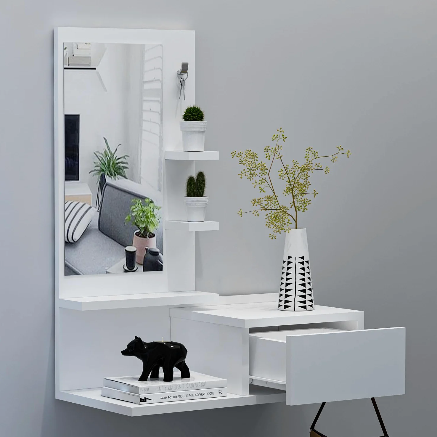 HOMIDEA ENKI Mobile sospeso per corridoio - Armadio con specchio - Armadio a parete per ingresso con cassetto, specchio e ripiano dal design moderno (bianco/bianco)