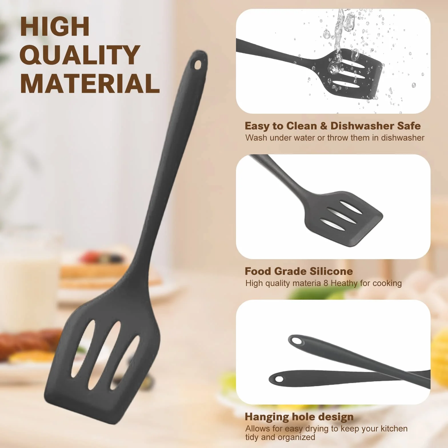49pcs Set di Utensili da Cucina in Silicone con 20 Ami, 9 Misurini, 1 Secchio di Stoccaggio, Resistente al Calore Antiaderenti, con Ganci- Grigio Scuro