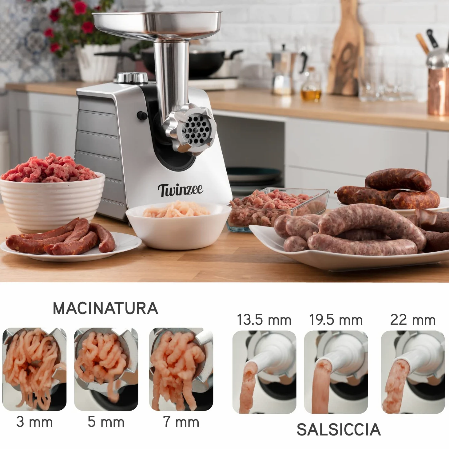 Tritacarne Elettrico 1500W (Nero) - Per Carne e Salsiccia - Robot da Cucina Con 3 Lame e 3 Ugelli - Professionale