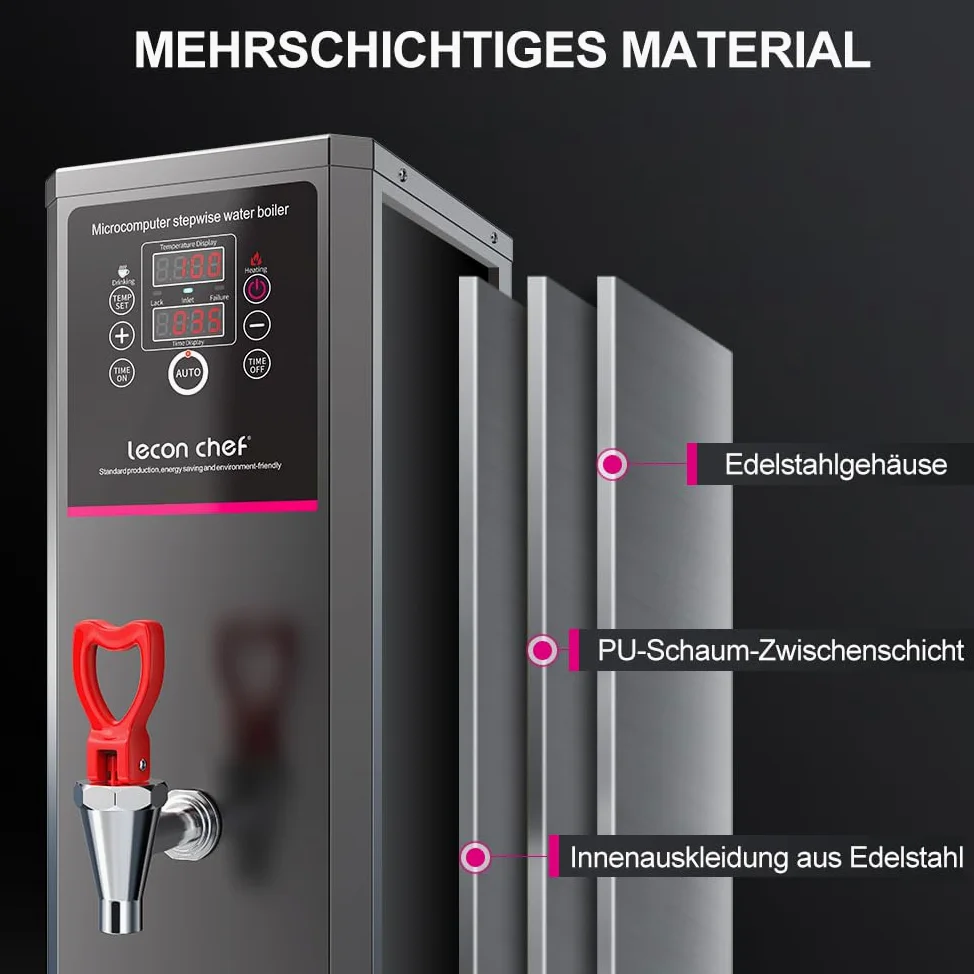 Lecon Distributore di acqua calda, 15 l, distributore di acqua in acciaio inox, 3000 Watt, riscaldamento rapido, macchina per acqua calda elettrica con timer, visualizzazione del tempo di temperatura