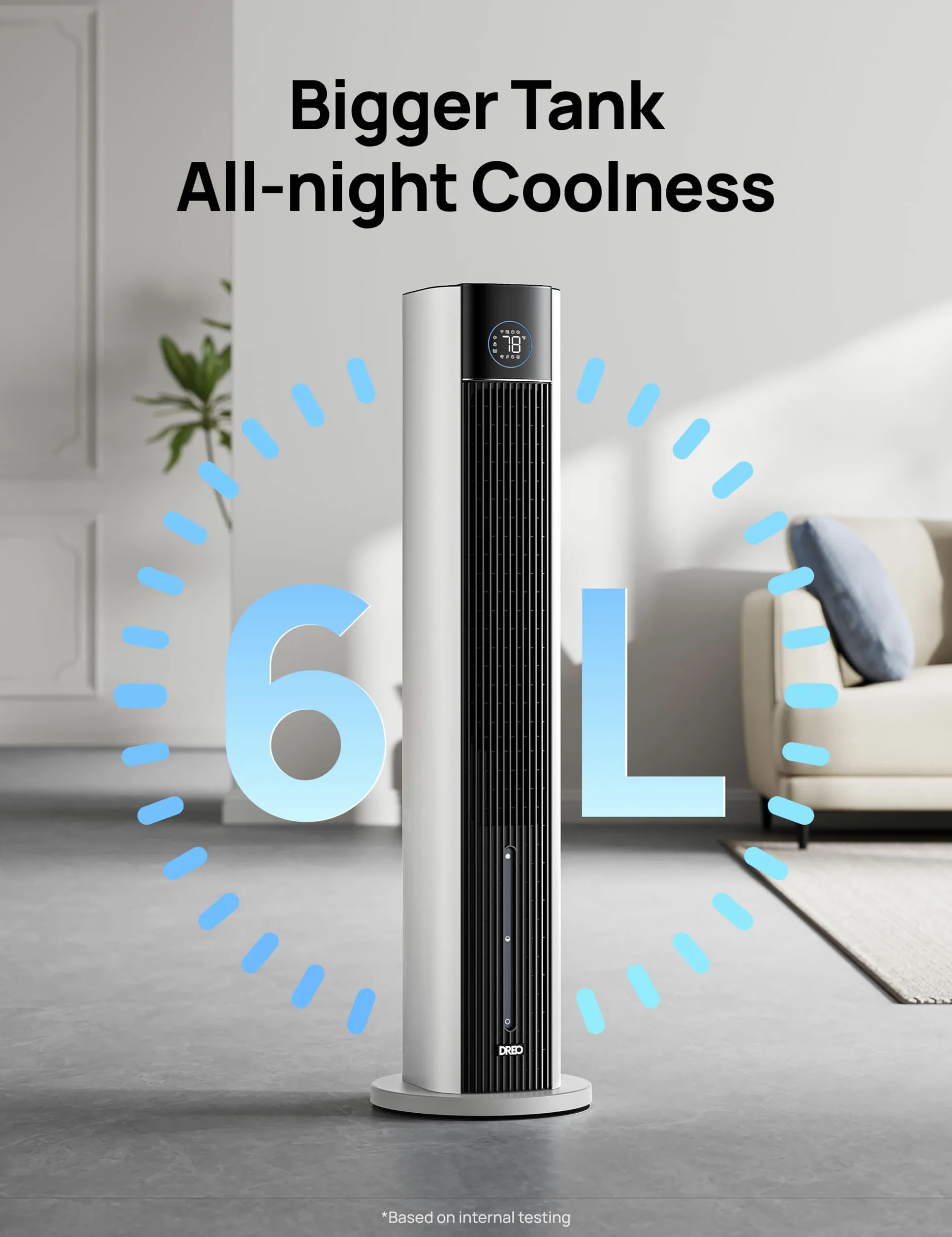 DREO Ventilatore a Torre con raffrescamento ad acqua, raffrescatore 110 cm, silenzioso, 4 velocità, 4 modalità, evaporativo, controllo app, ghiaccio incluso, oscillazione 80°, timer 12 h, bianco