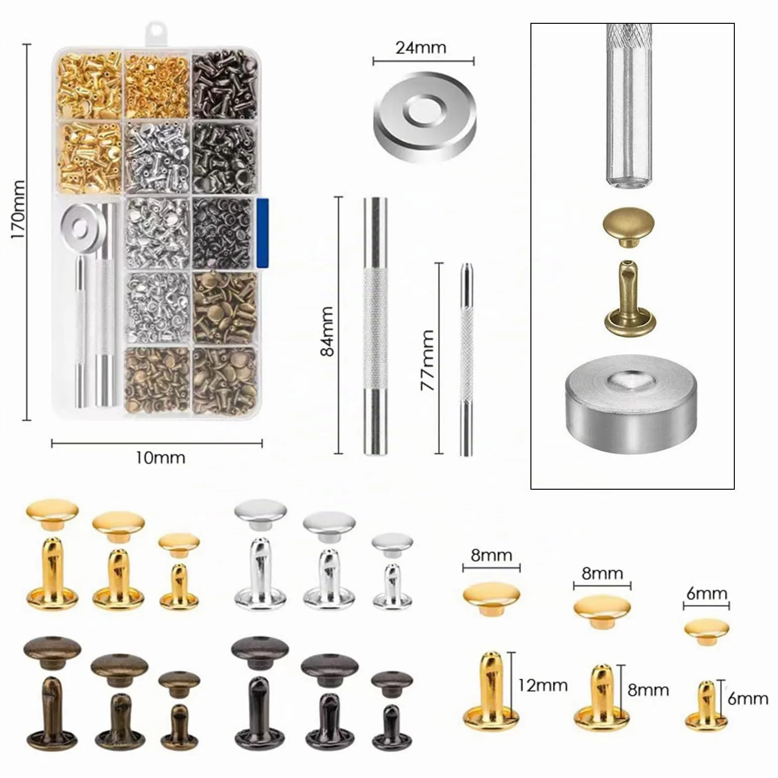 360 Set Rivetti per Cuoio 3 Taglie Rivetti di Pelle Doppio Tappo Tubolare Ribattini per Cuoio Rivettato Viti in Metallo con 3 Pezzi Strumento di Fissaggio borchie per Vestiti, Scarpe, Choker