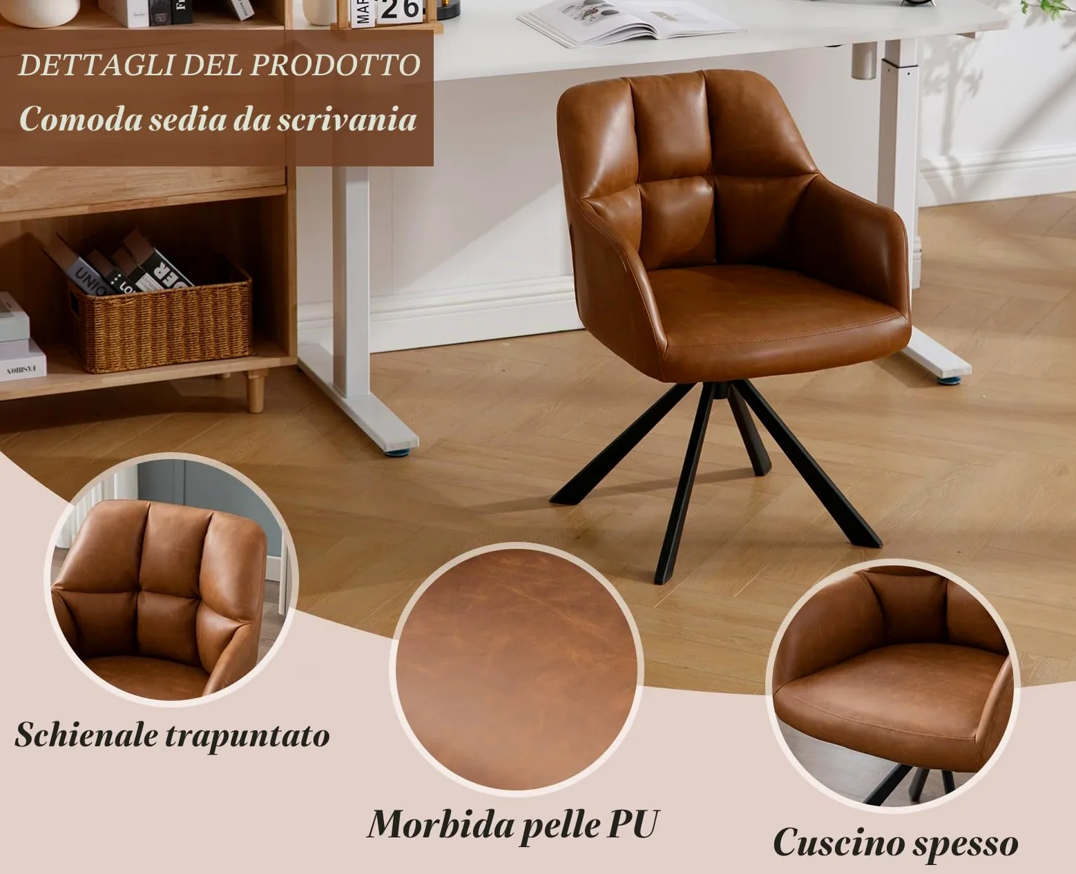 Ya-Home Sedia da Scrivania Sedia da Ufficio Girevole in PU, Marrone
