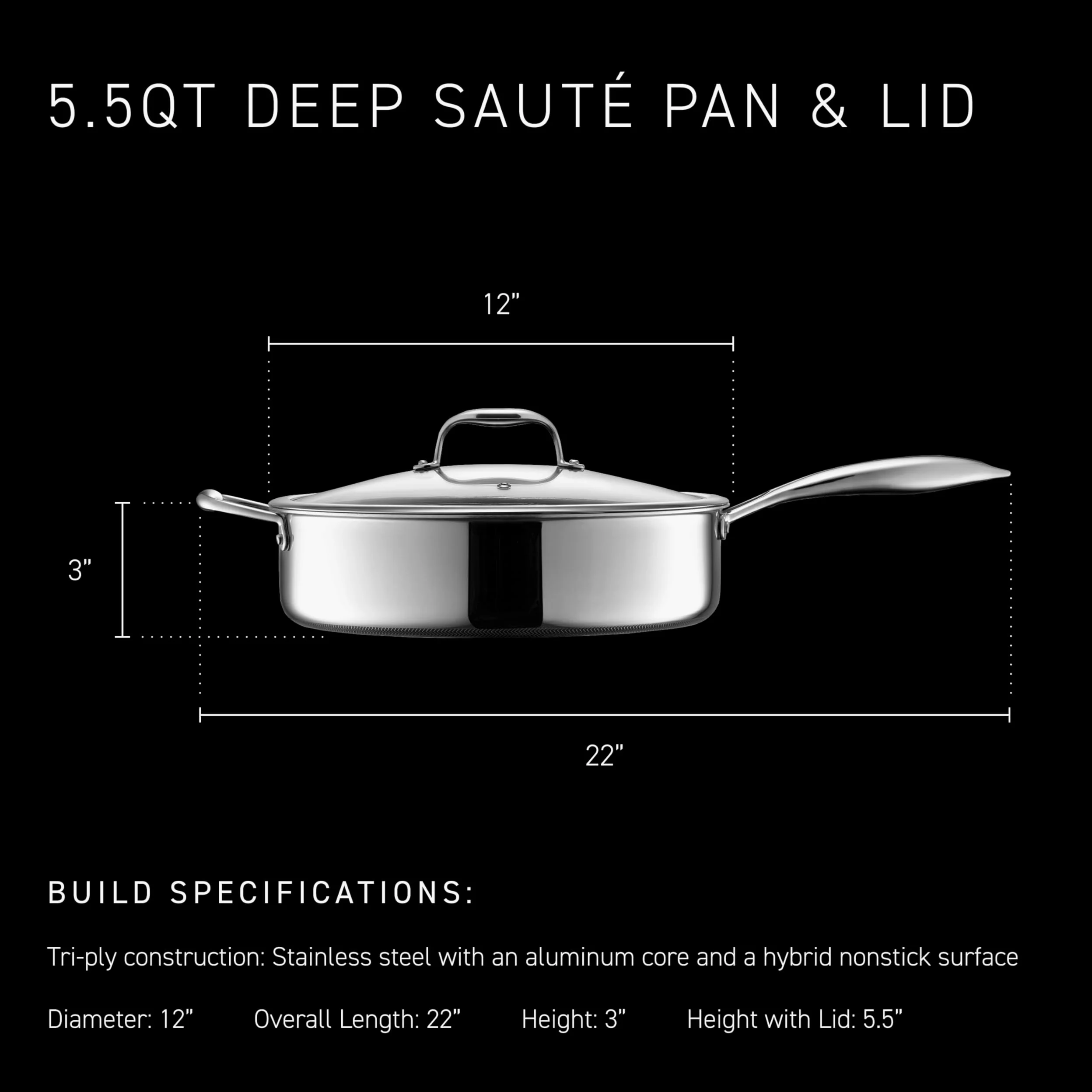 HexClad Padella antiaderente ibrida da 5,5 litri con coperchio, lavabile in lavastoviglie e utilizzabile in forno, compatibile con tutti i piani cottura