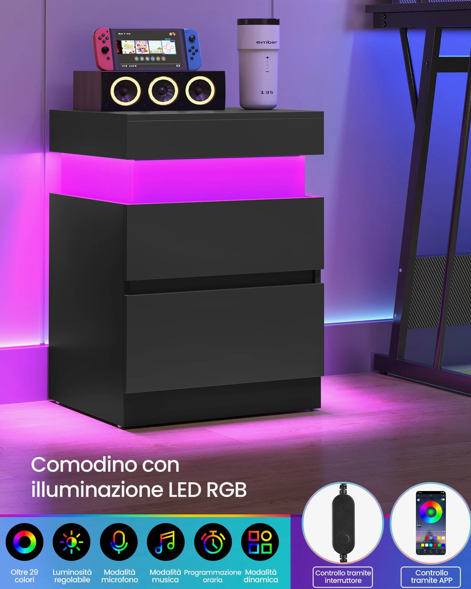 VASAGLE KAILYN Collezione - Comodini con Multipresa, Set di 2, Tavolini con Piano Scorrevole, 2 Cassetti, Striscia LED, Stile Moderno, 35 x 40 x 55 cm, Nero Inchiostro LET840BC01