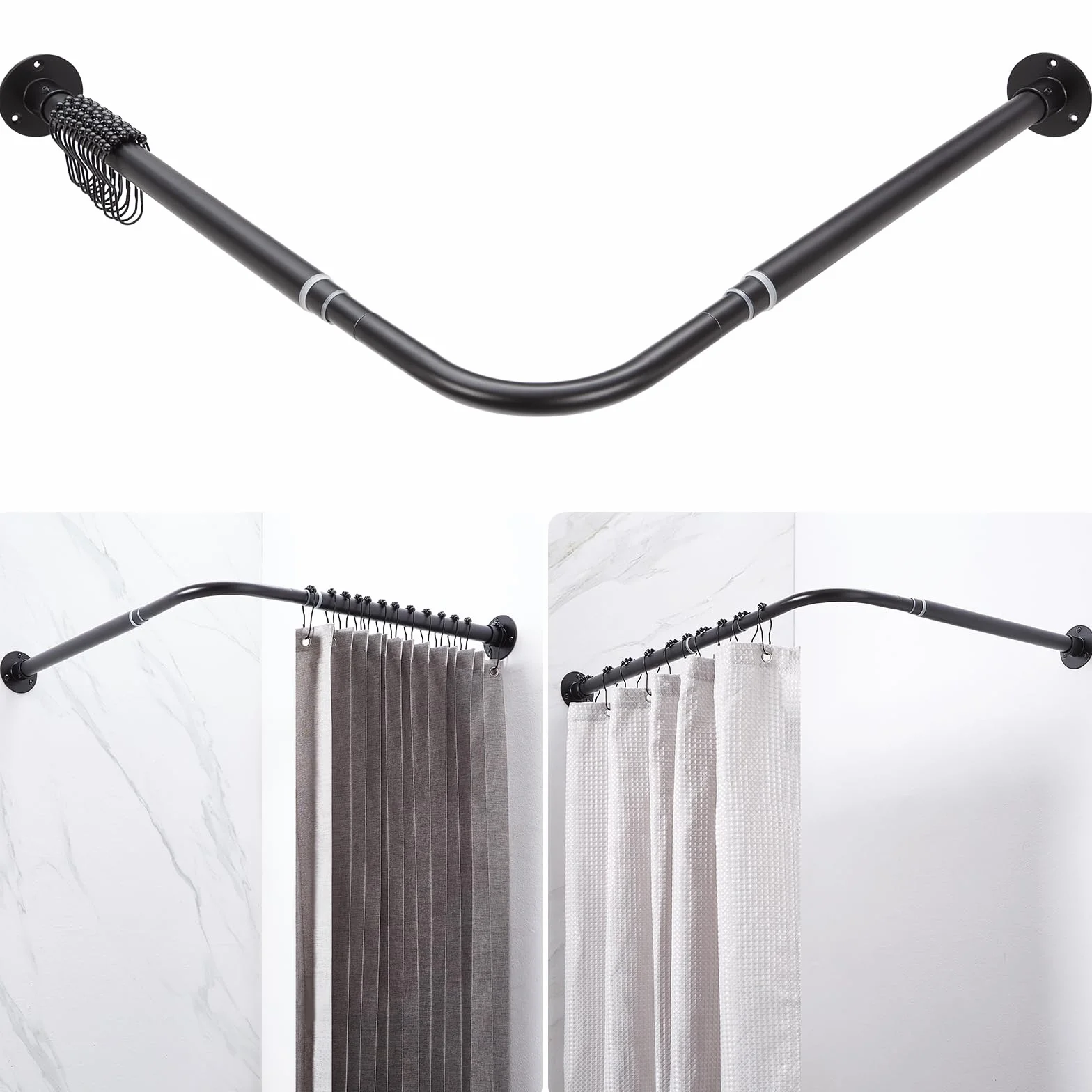Bastone Tenda Doccia Angolare a L Regolabile 62-121cm x 62-121cm Nero Opaco